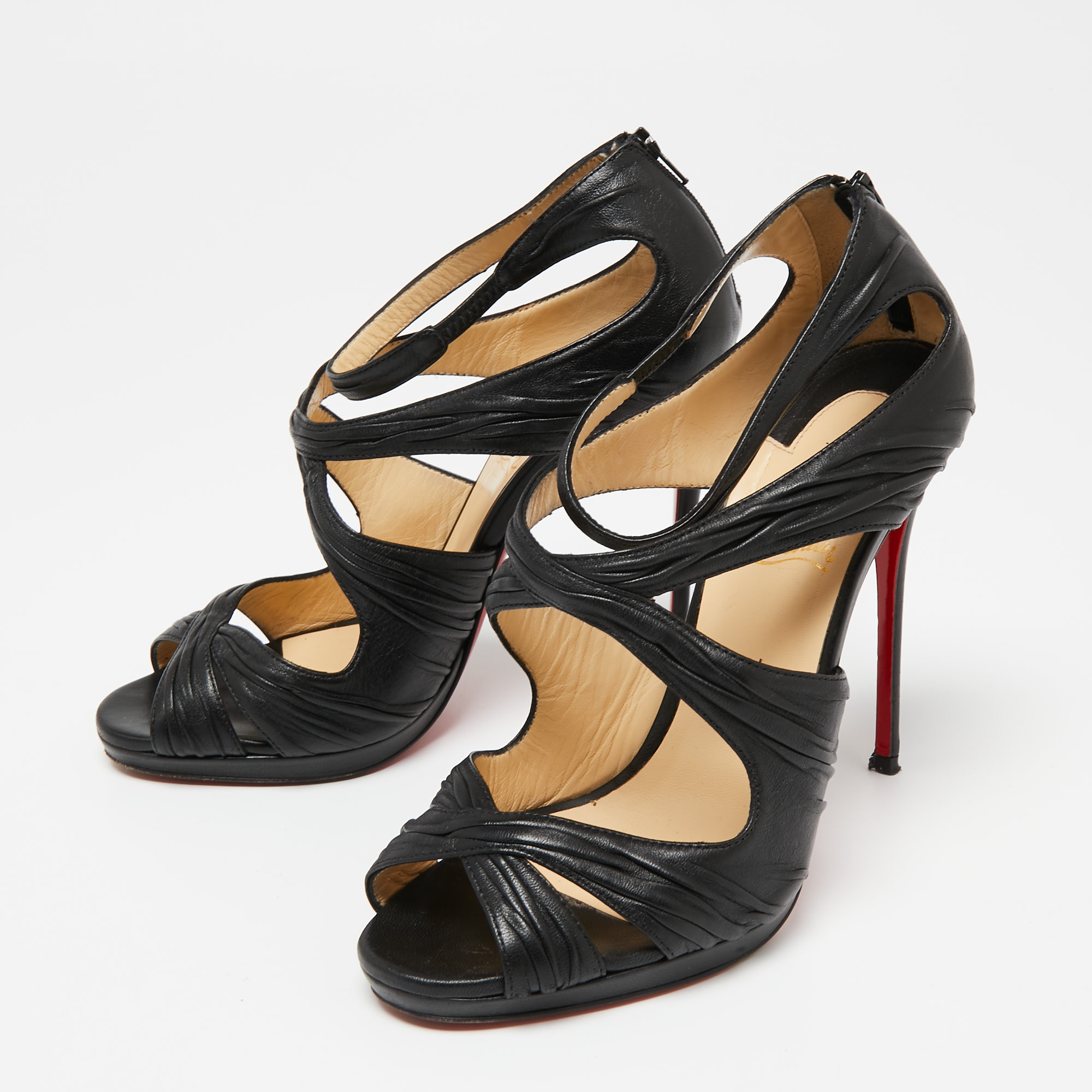 Christian Louboutin Black Pleated Leather Kashou Ankle-Strap Sandals Size 38