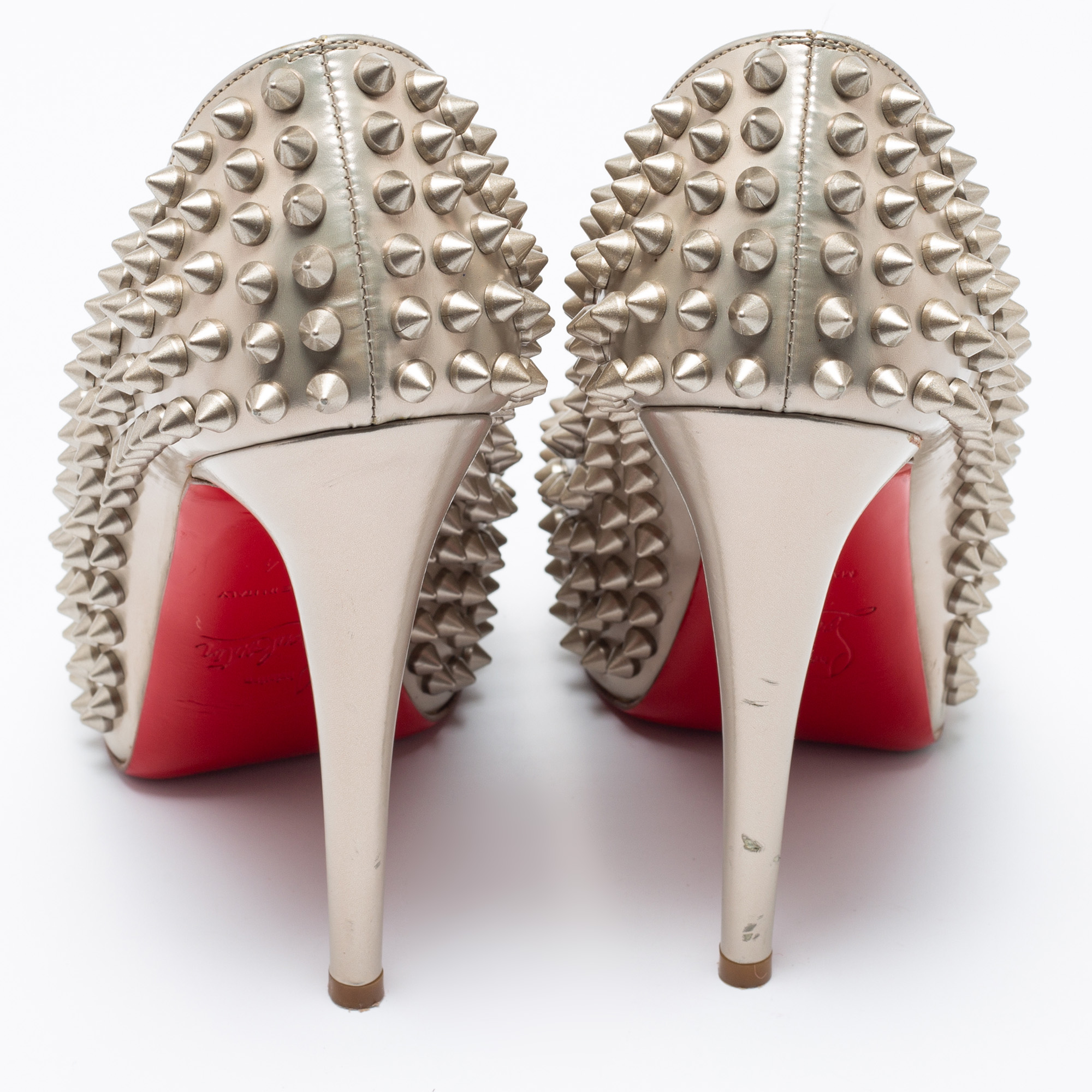 Christian Louboutin Grey Patent Leather Lady Peep Toe Spikes Platform Pumps Size 34