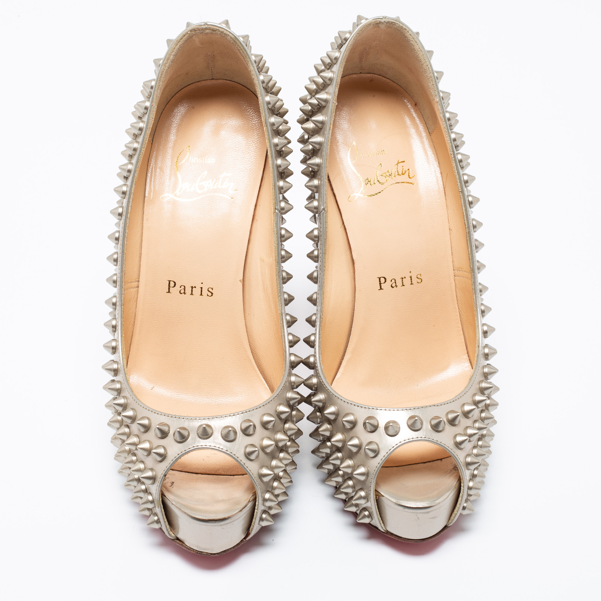 Christian Louboutin Grey Patent Leather Lady Peep Toe Spikes Platform Pumps Size 34