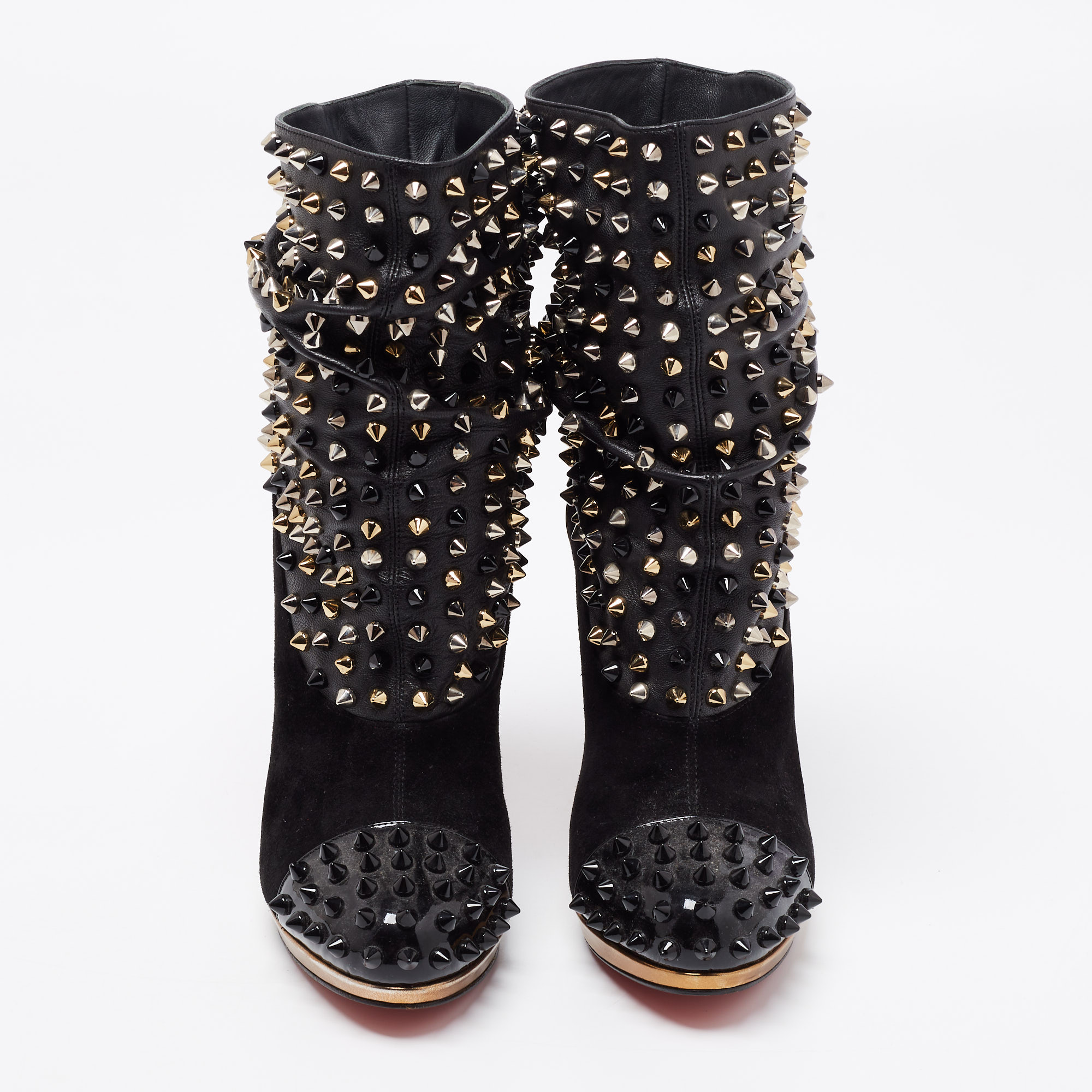 Christian Louboutin Black/Gold Suede, Patent And Leather Spike Wars Ankle Booties Size 35.5