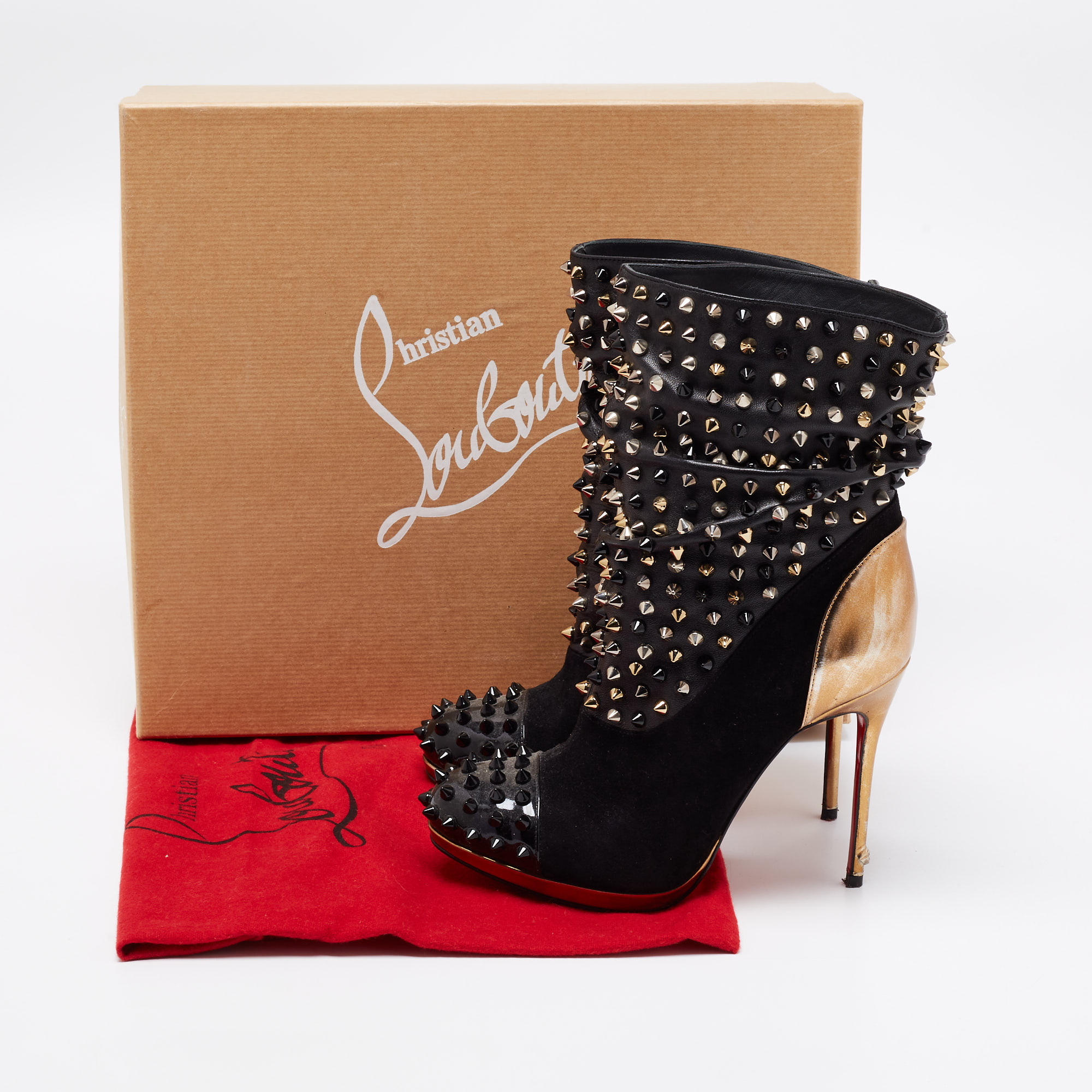 Christian Louboutin Black/Gold Suede, Patent And Leather Spike Wars Ankle Booties Size 35.5