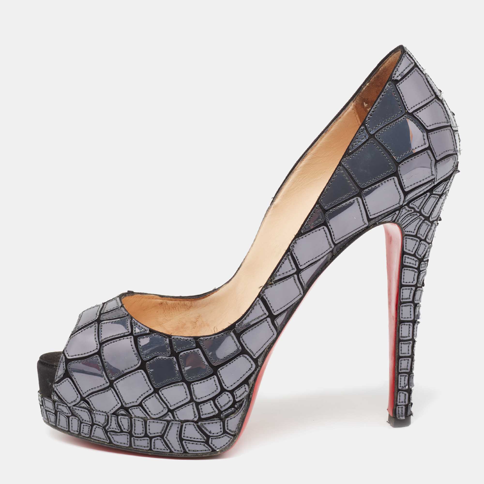 Christian Louboutin Slate Grey/Black Patent Leather And Satin Mosaic Sobek Peep-Toe Platform Pumps Size 39