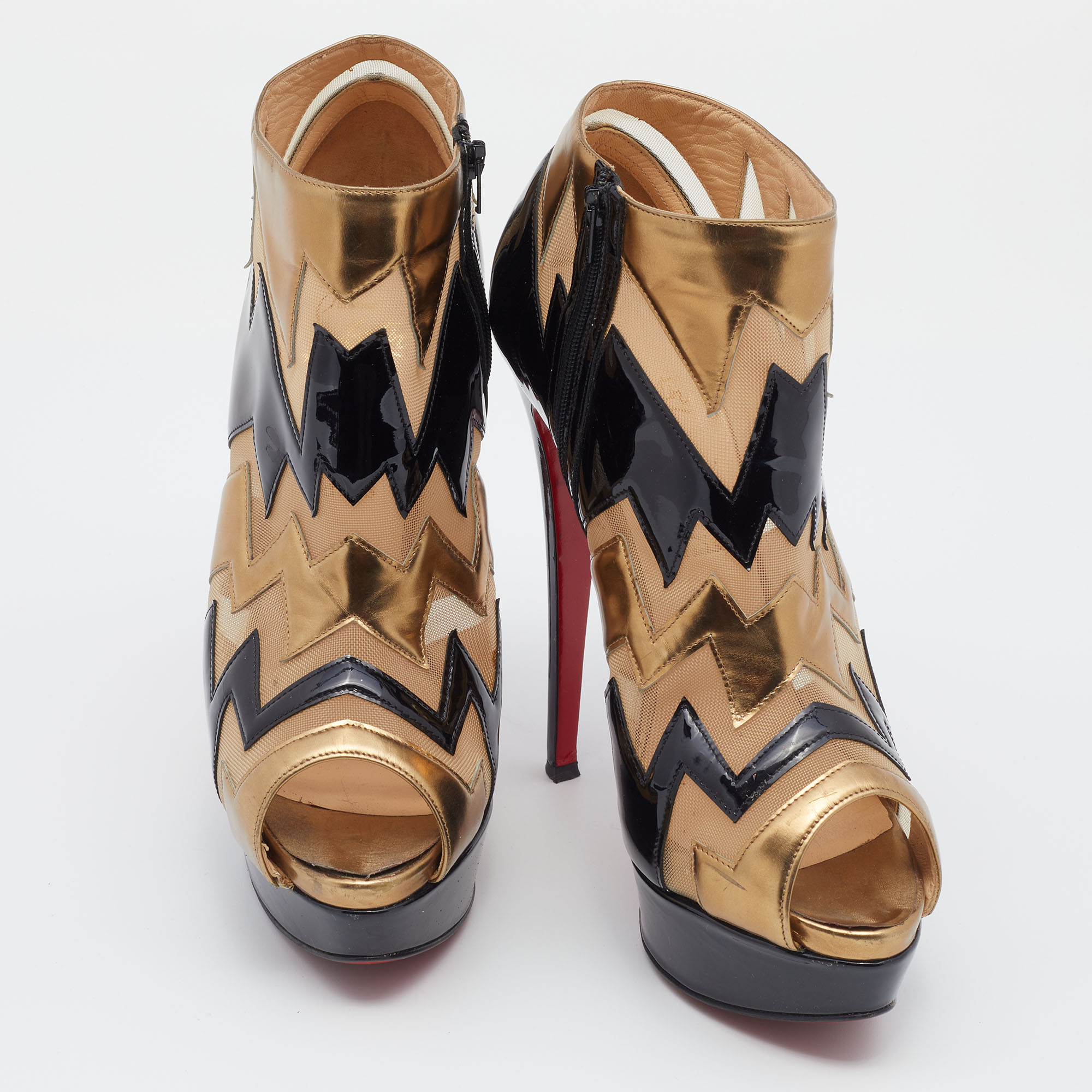 Christian Louboutin Multicolor Patent Leather And Mesh Peep Toe Booties Size 38.5