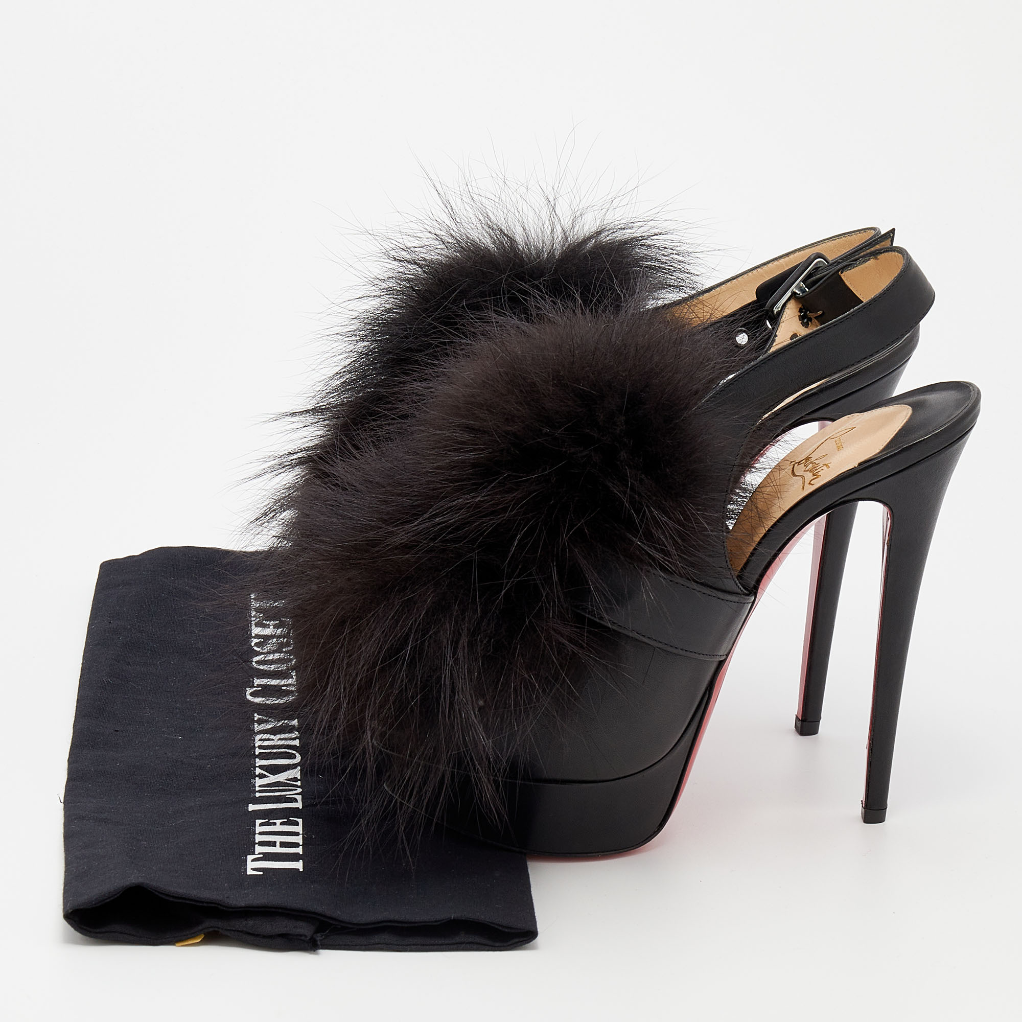 Christian Louboutin Black Leather And Splash Fur Peep Toe Platform Sandals Size 39