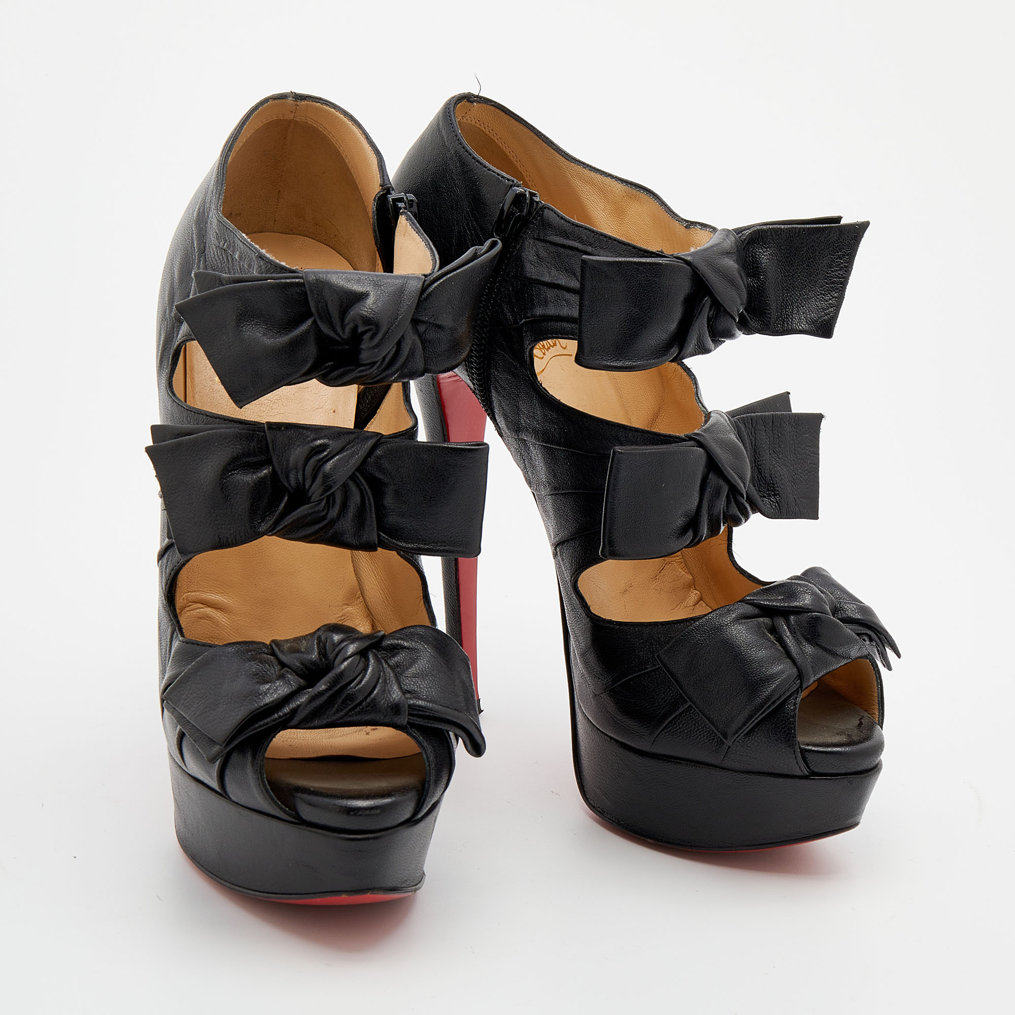 Christian Louboutin Black Leather Madame Butterfly Platform Booties Size 37