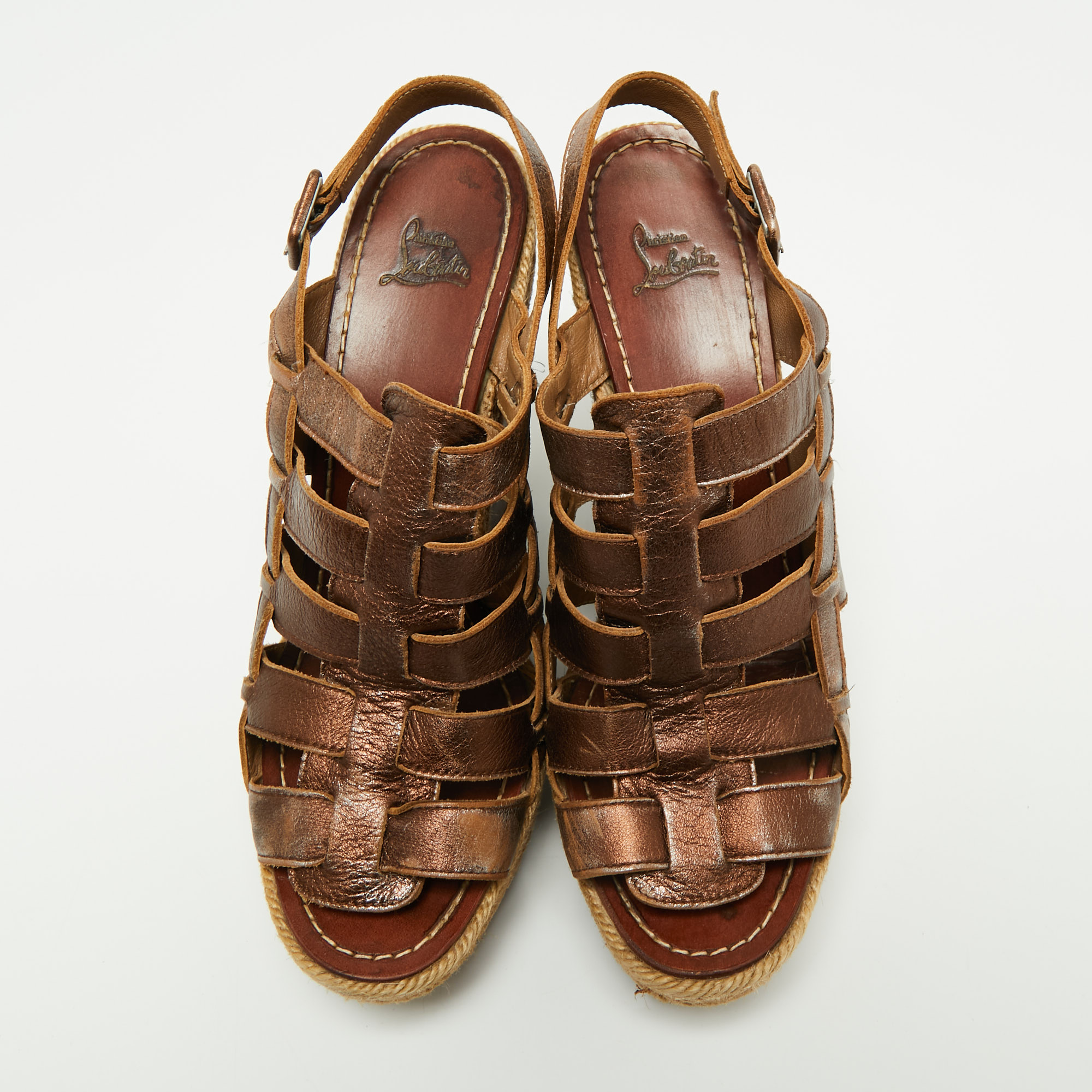 Christian Louboutin Metallic Bronze Leather Barcelona Espadrille Wedge Sandals Size 40