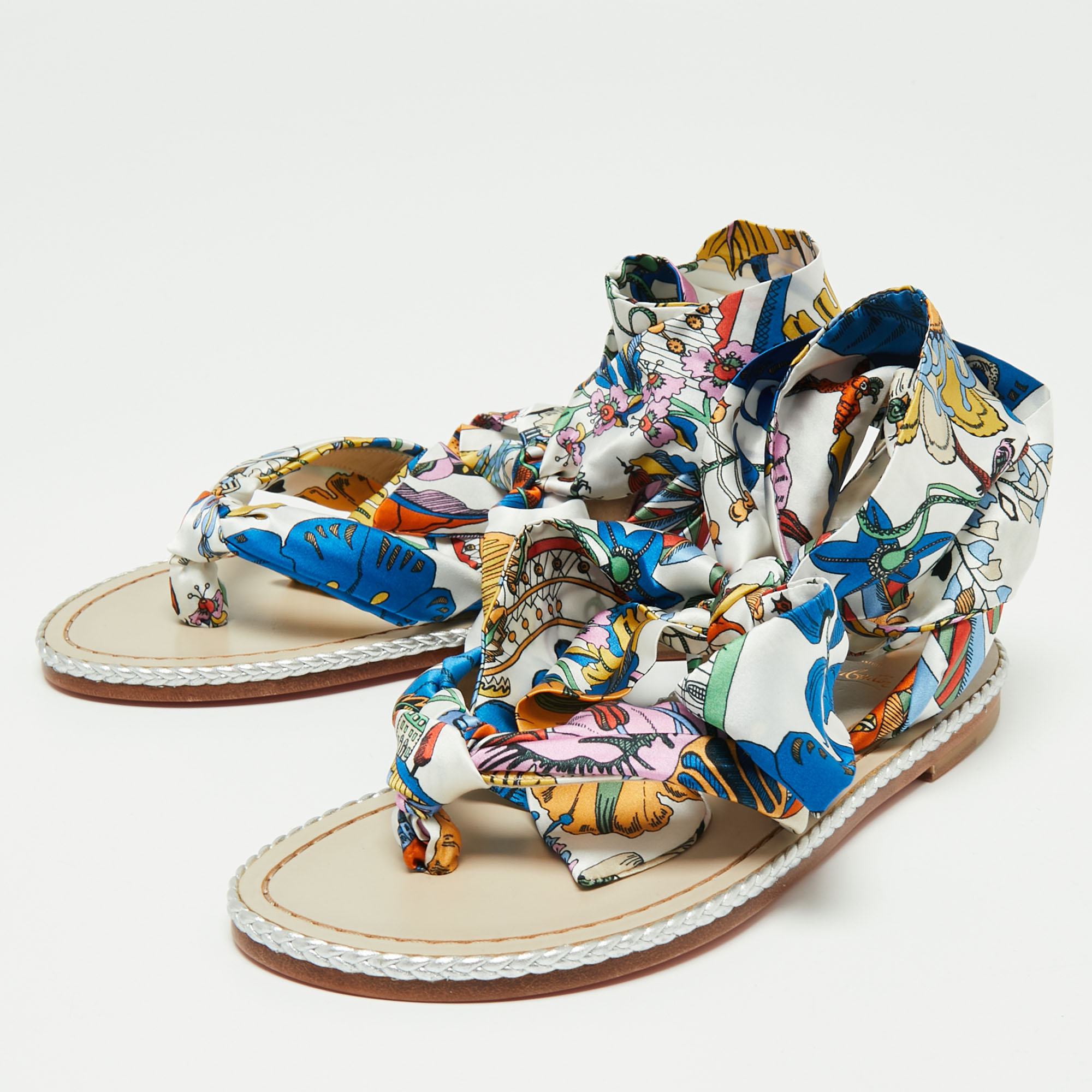 Christian Louboutin Multicolor Printed Silk Nilloofar Ankle Wrap Flat Sandals Size 
Christian Louboutin Multicolor Printed Silk Nilloofar Ankle Wrap Flat Sandals Size