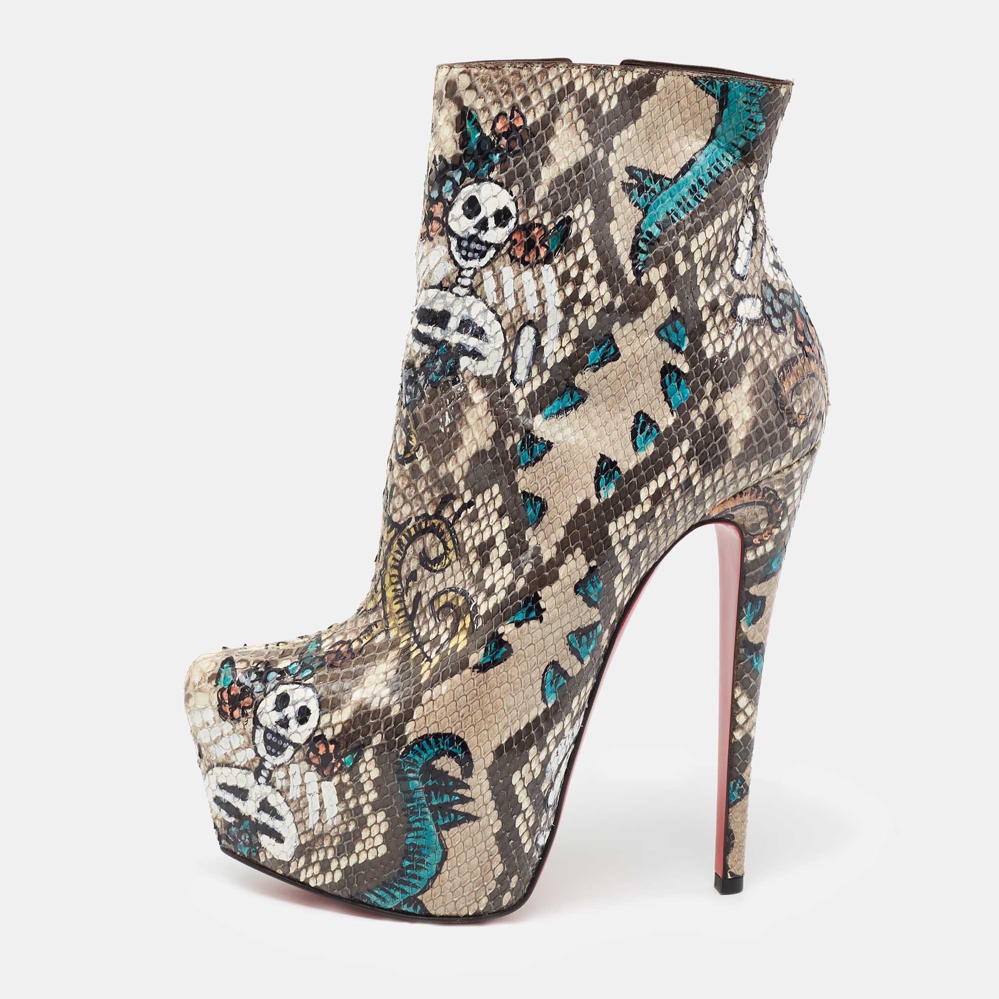 Christian Louboutin Multicolor Python Skull Mexico Daf Ankle Boots Size 38