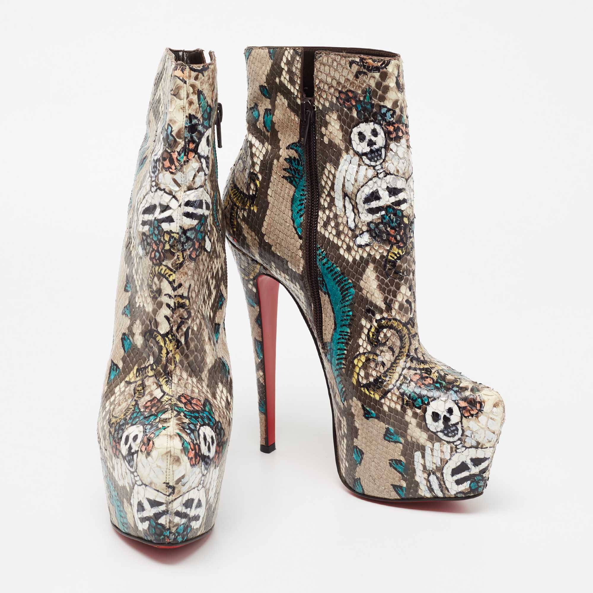 Christian Louboutin Multicolor Python Skull Mexico Daf Ankle Boots Size 38