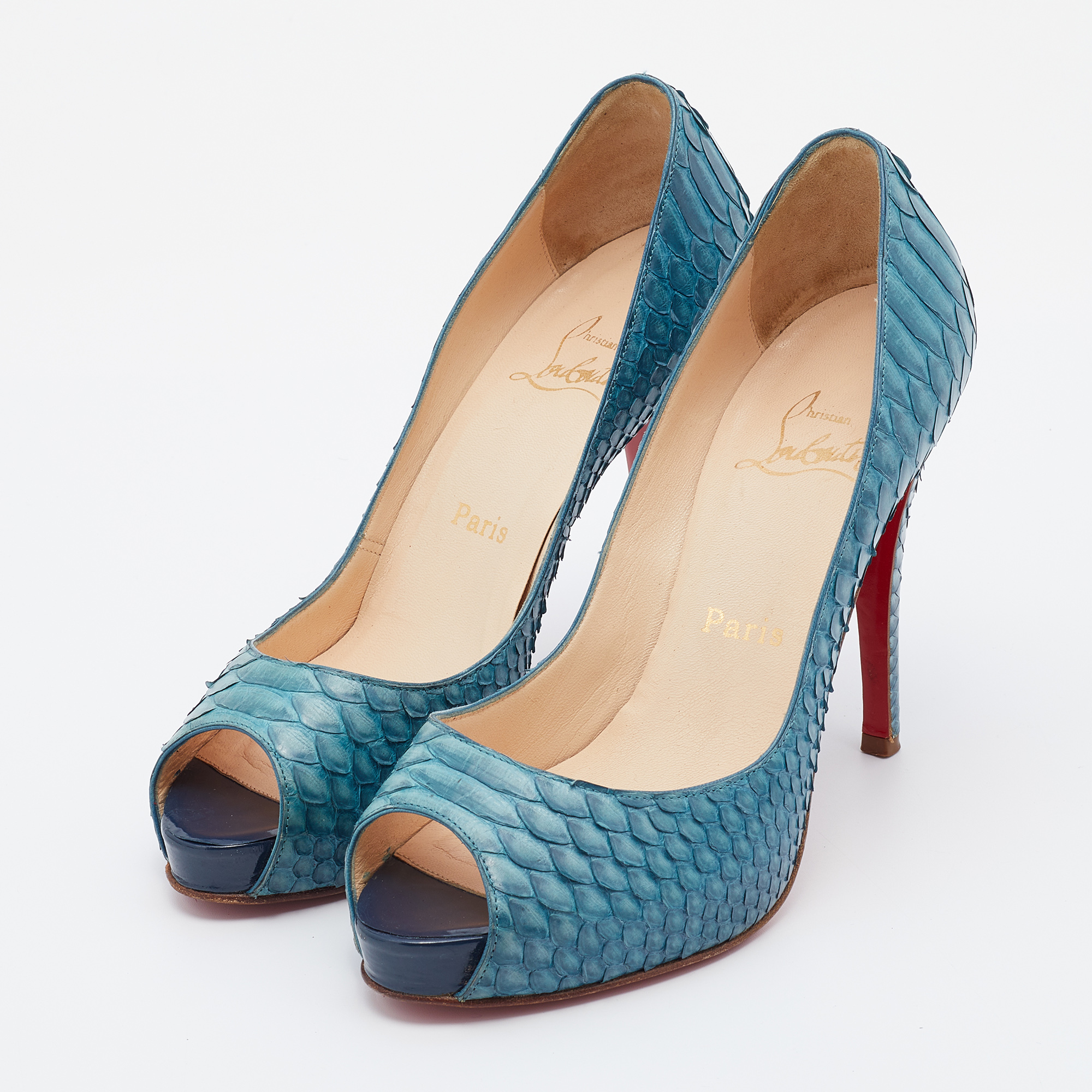 Christian Louboutin Blue Python Very Prive Platform Pumps Size 38