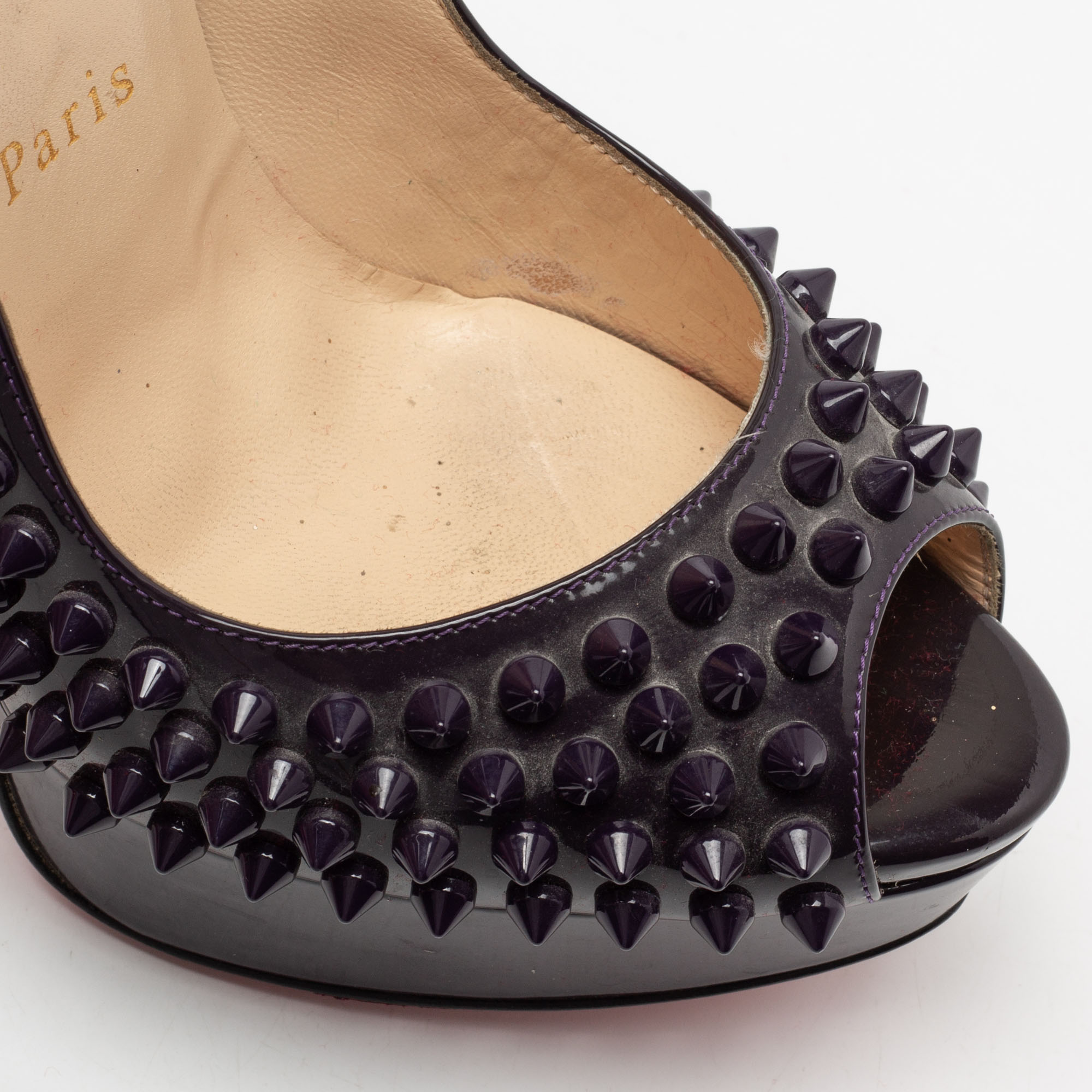 Christian Louboutin Dark Purple Patent Leather Lady Peep-Toe Spiked Platform Pumps Size 36