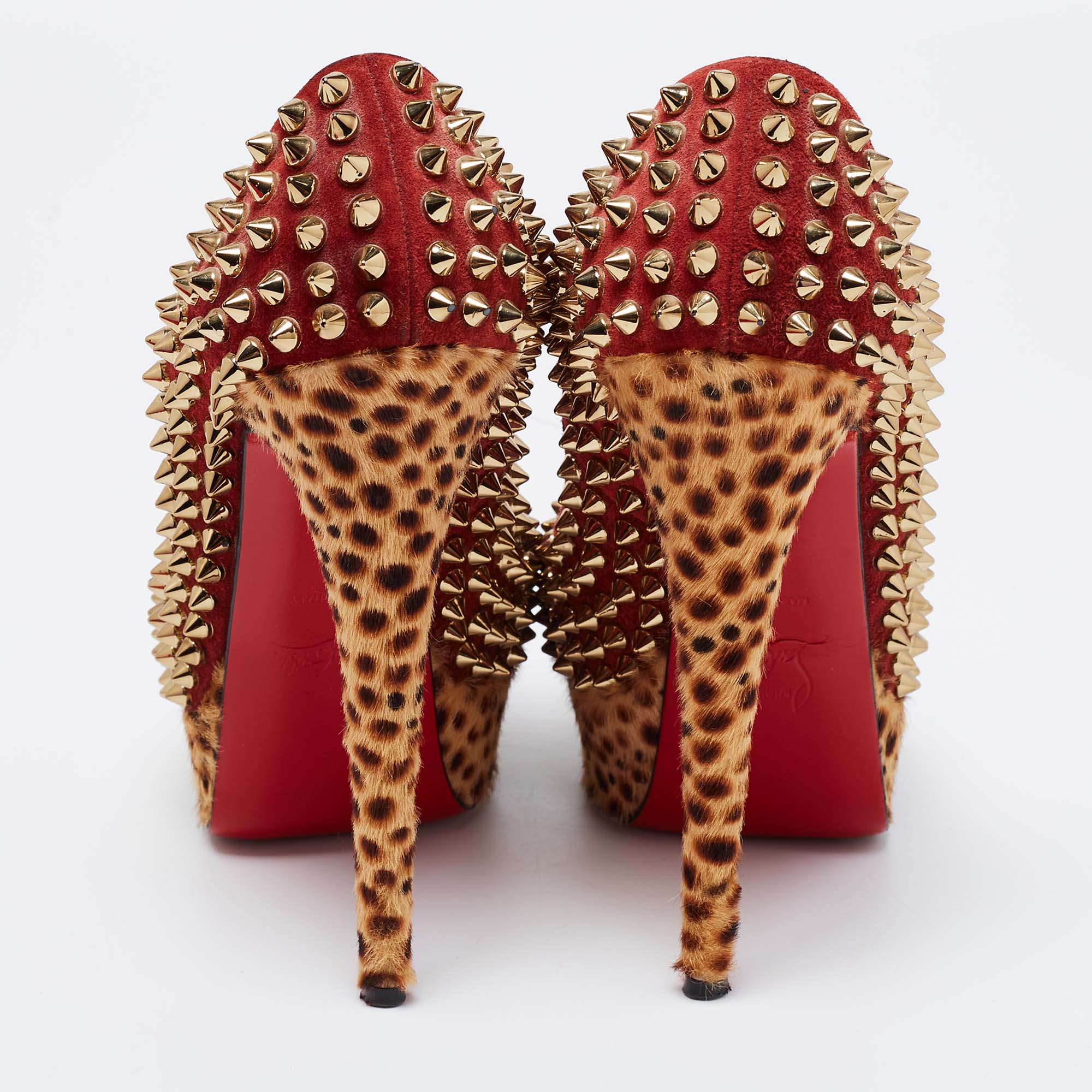 Christian Louboutin Tri-Color Suede And Leopard Print Calf Hair Lady Peep Spikes Platform Pumps Size 36.5