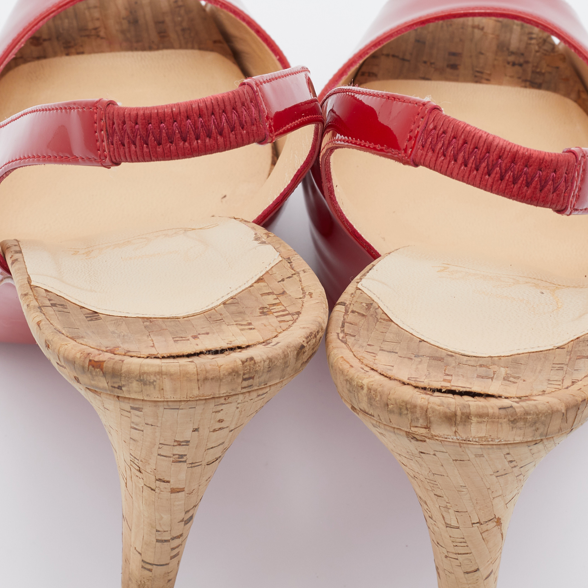 Christian Louboutin Red Patent Leather So Private 120 Cork Slingback Platform Sandals Size 39.5