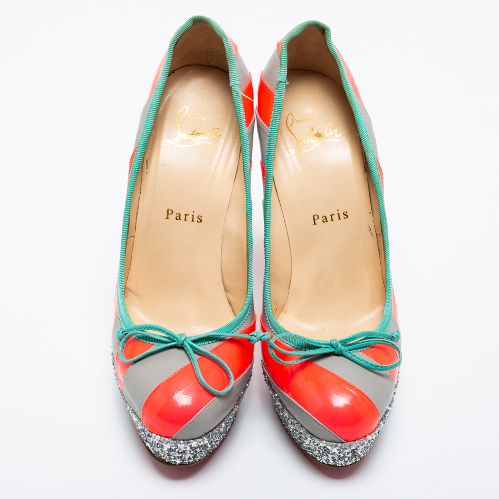 Christian Louboutin Grey/Neon Pink Striped Leather Foraine Glitter Platform Pumps Size 35.5