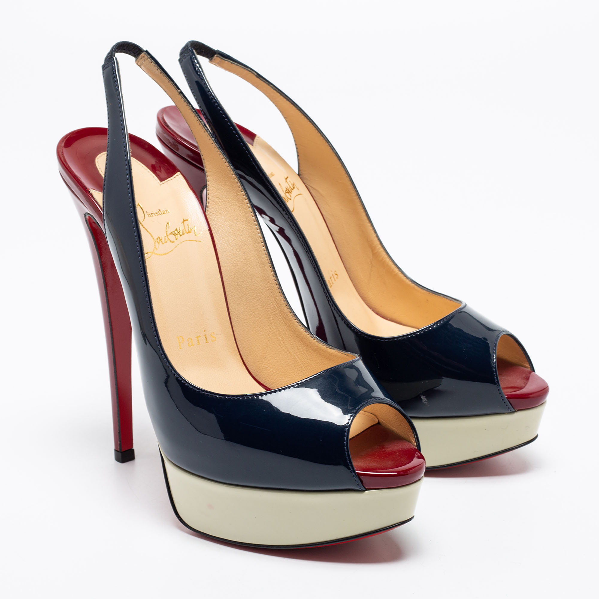 Christian Louboutin Tricolor Patent Leather Lady Peep-Toe Platform Slingback Sandals Size 38.5