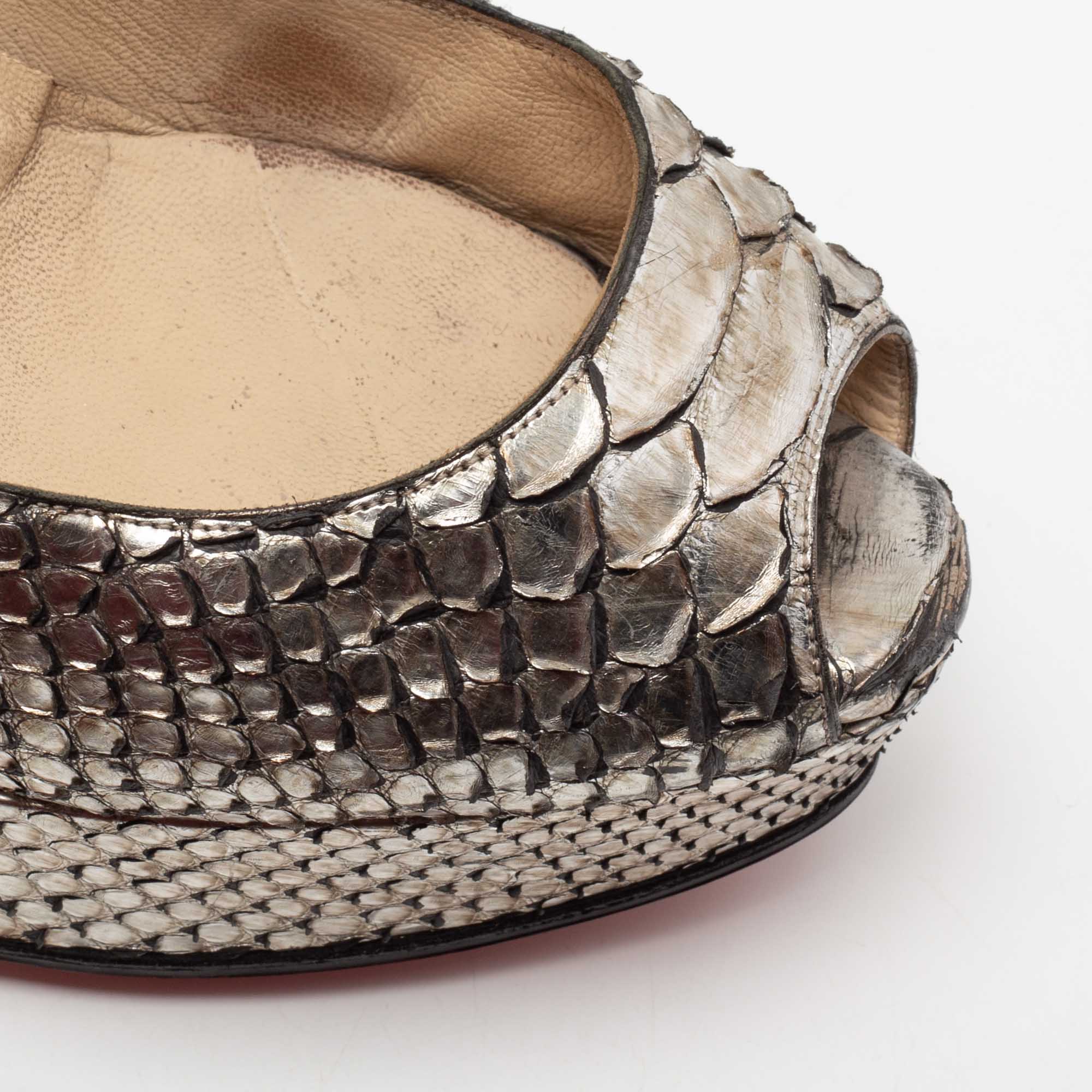 Christian Louboutin Metallic Silver Python Leather Lady Peep Toe Platform Pumps Size 37.5