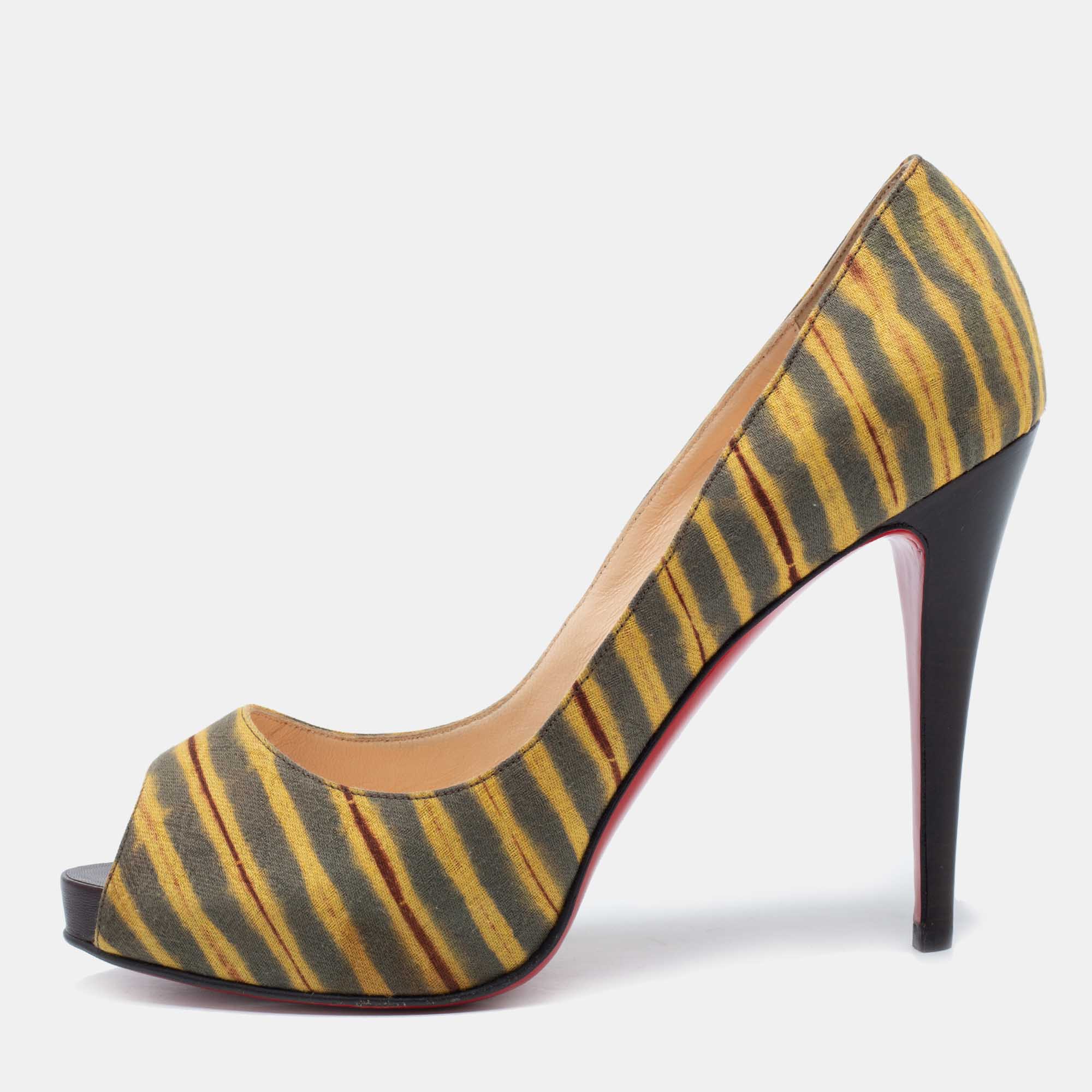 Christian louboutin tri-color printed canvas very prive peep-toe pumps size 41