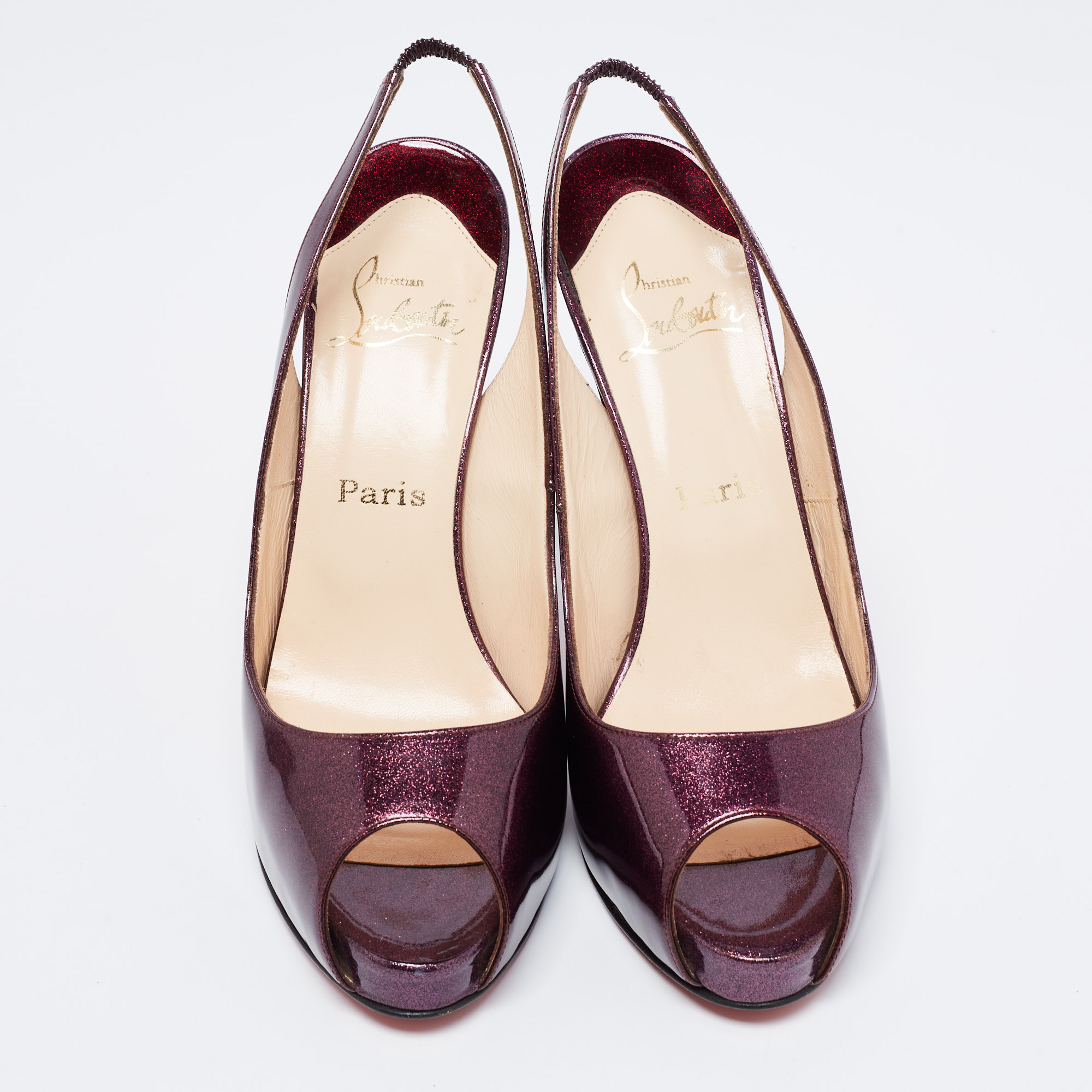 Christian Louboutin Purple Glitter Patent Leather No Prive Peep-Toe Slingback Sandals Size 41