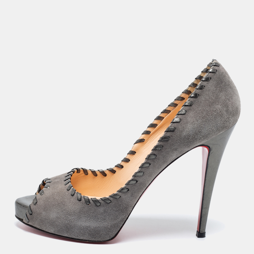 Christian louboutin grey suede whipstitch very prive peep-toe pumps size 41