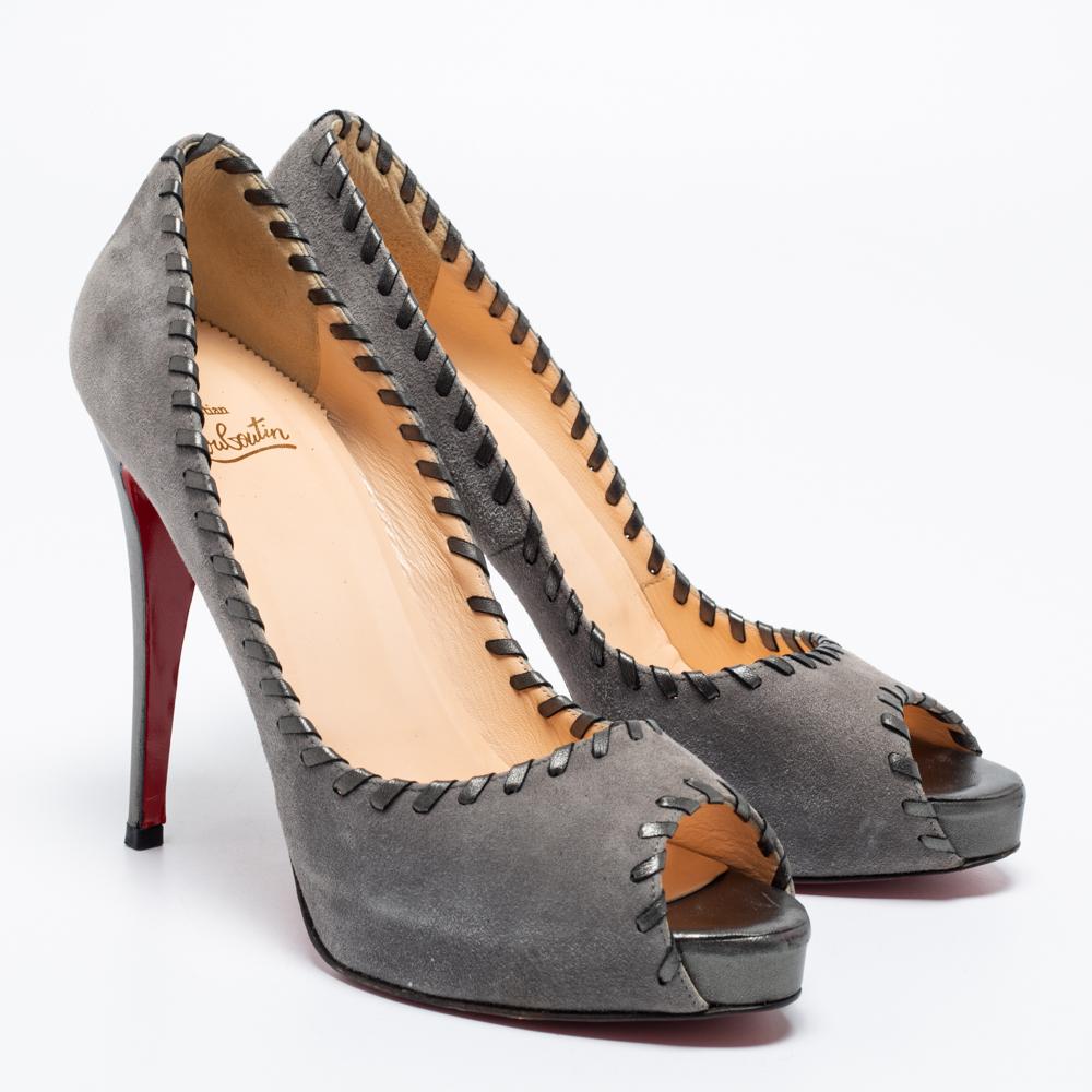 Christian Louboutin Grey Suede Whipstitch Very Prive Peep-Toe Pumps Size 41