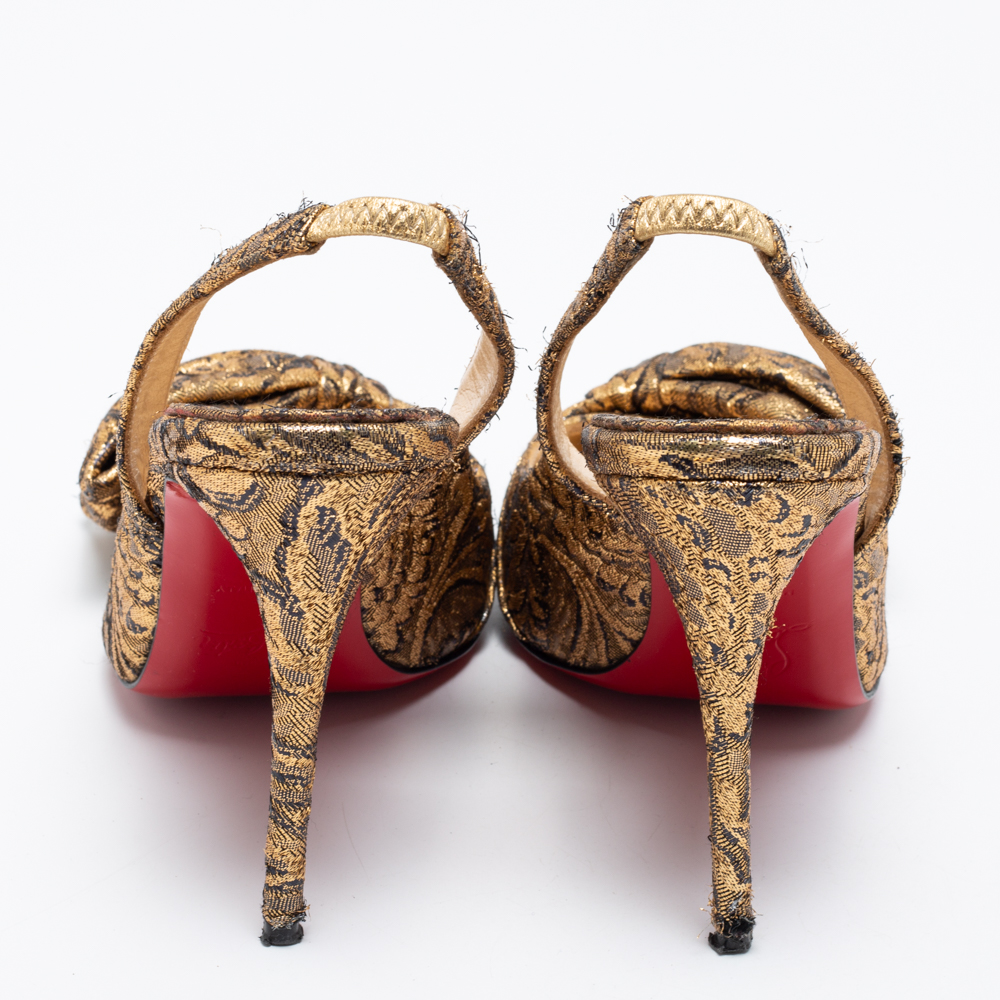 Christian Louboutin Gold Brocade Fabric Kirazissimo Slingback Sandals Size 37.5
