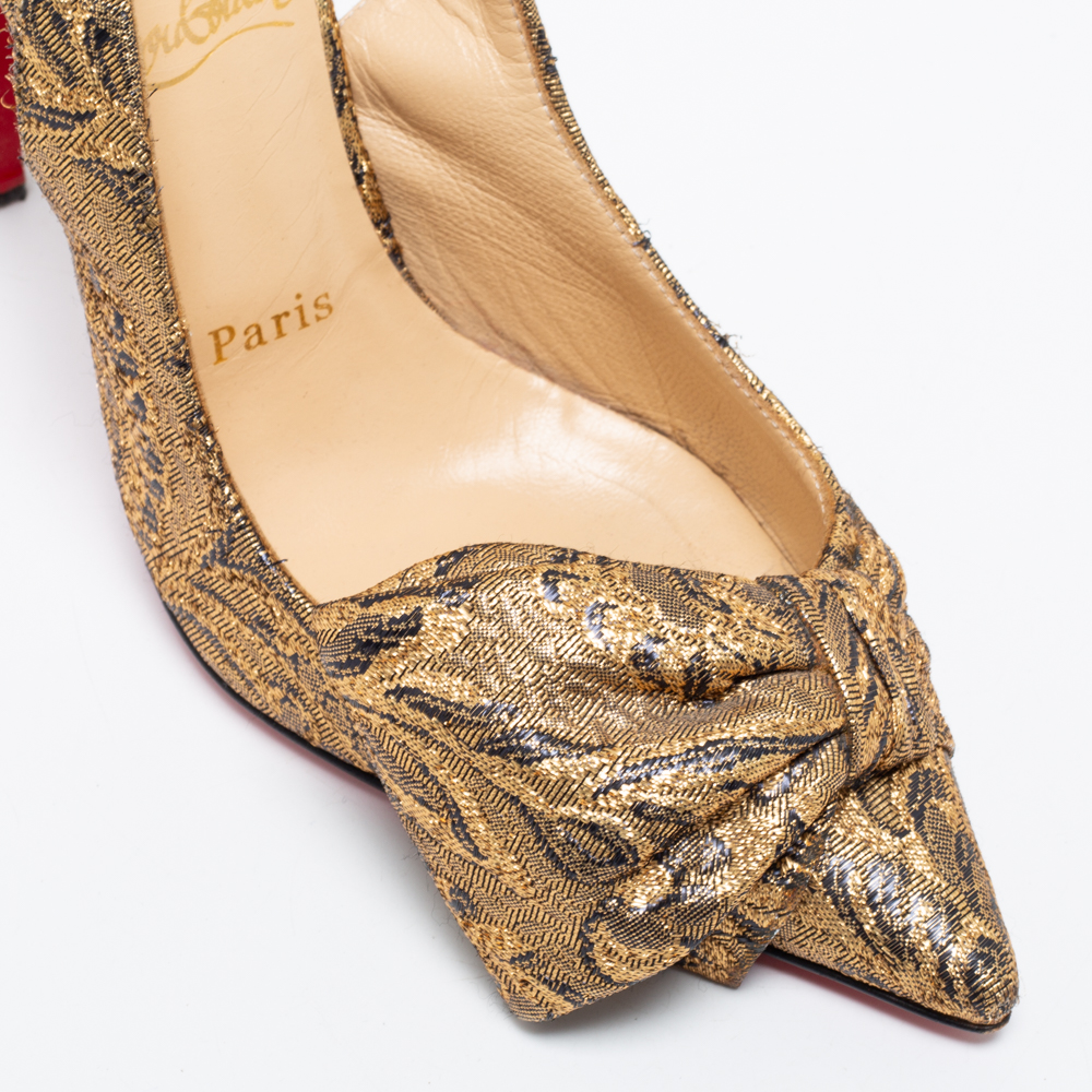Christian Louboutin Gold Brocade Fabric Kirazissimo Slingback Sandals Size 37.5