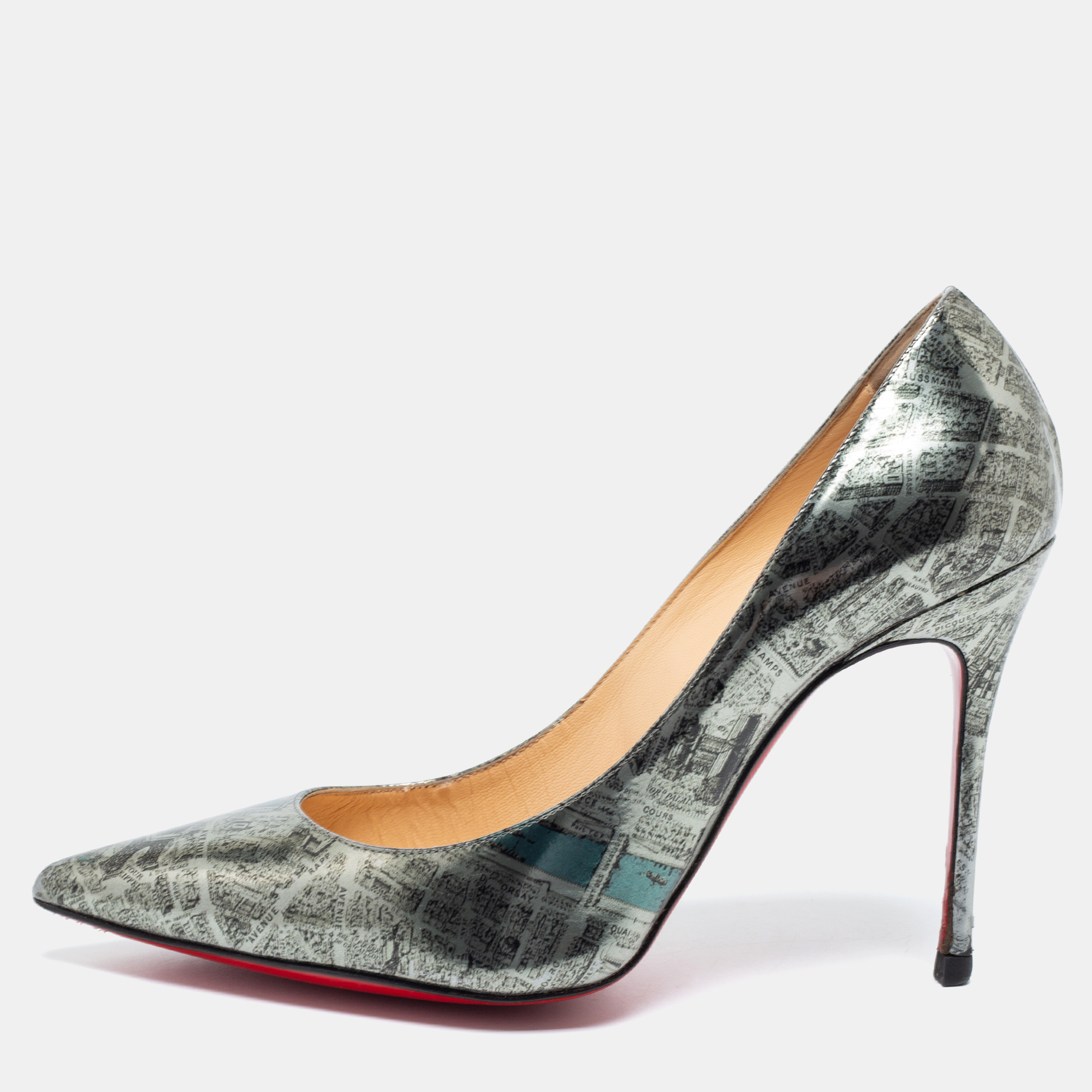 Christian Louboutin Metallic Monochrome Paris Map Print Patent Leather Decollete Pumps Size 36.5