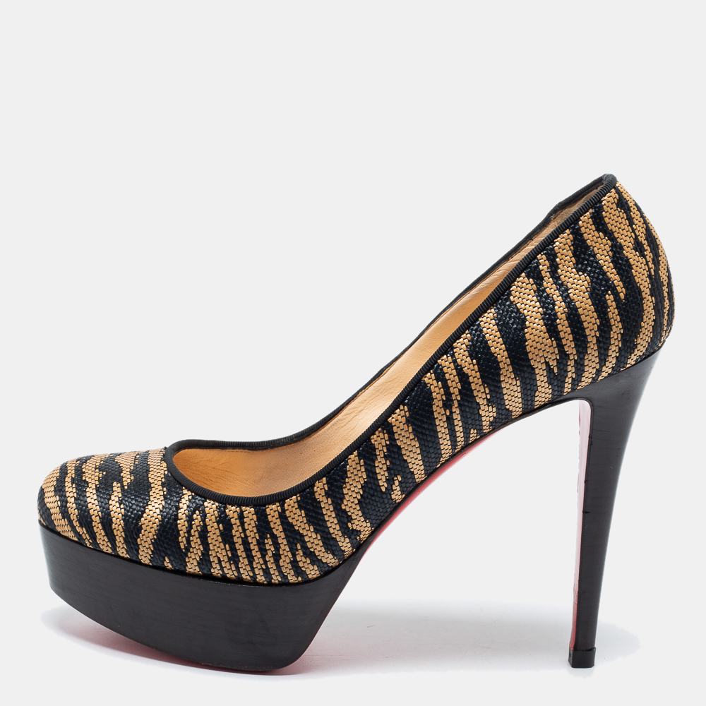 Christian louboutin beige/black raffia panama tiger weave bianca platform pumps size 39