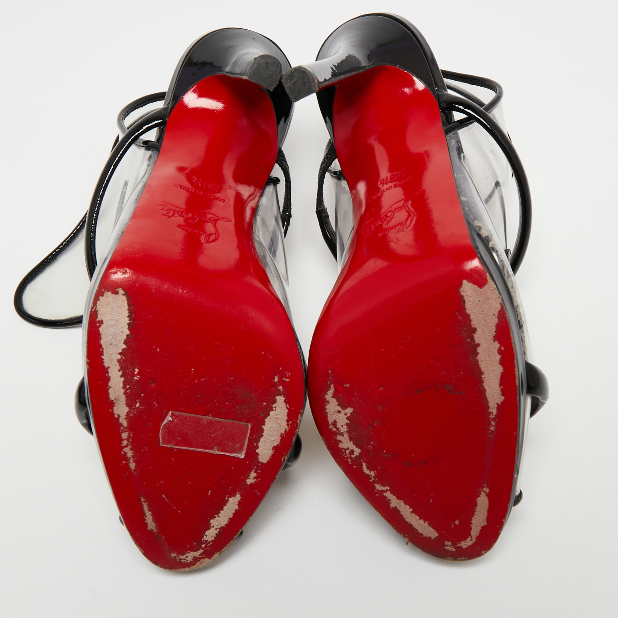 Christian Louboutin Black Patent Leather And PVC Aqua Ronda Slingback Sandals Size 36.5