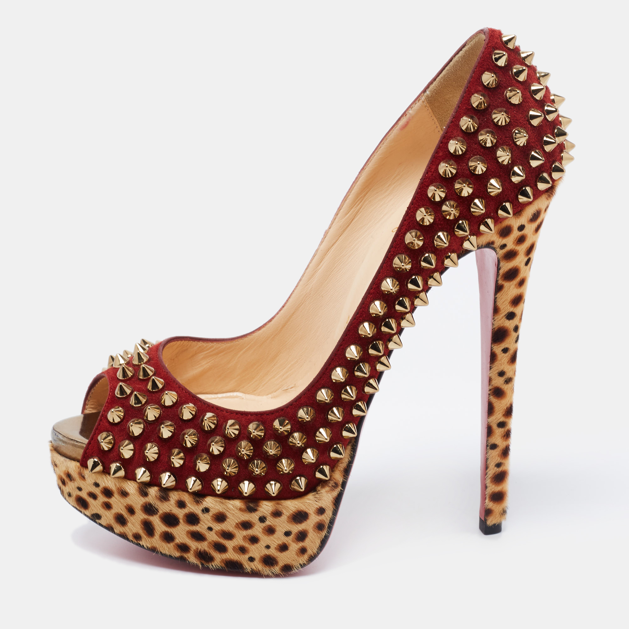 Christian Louboutin Beige/Maroon Leopard Print Calfhair and Suede Lady Peep Spikes Pumps Size
Christian Louboutin Beige/Maroon Leopard Print Calfhair and Suede Lady Peep Spikes Pumps Size
