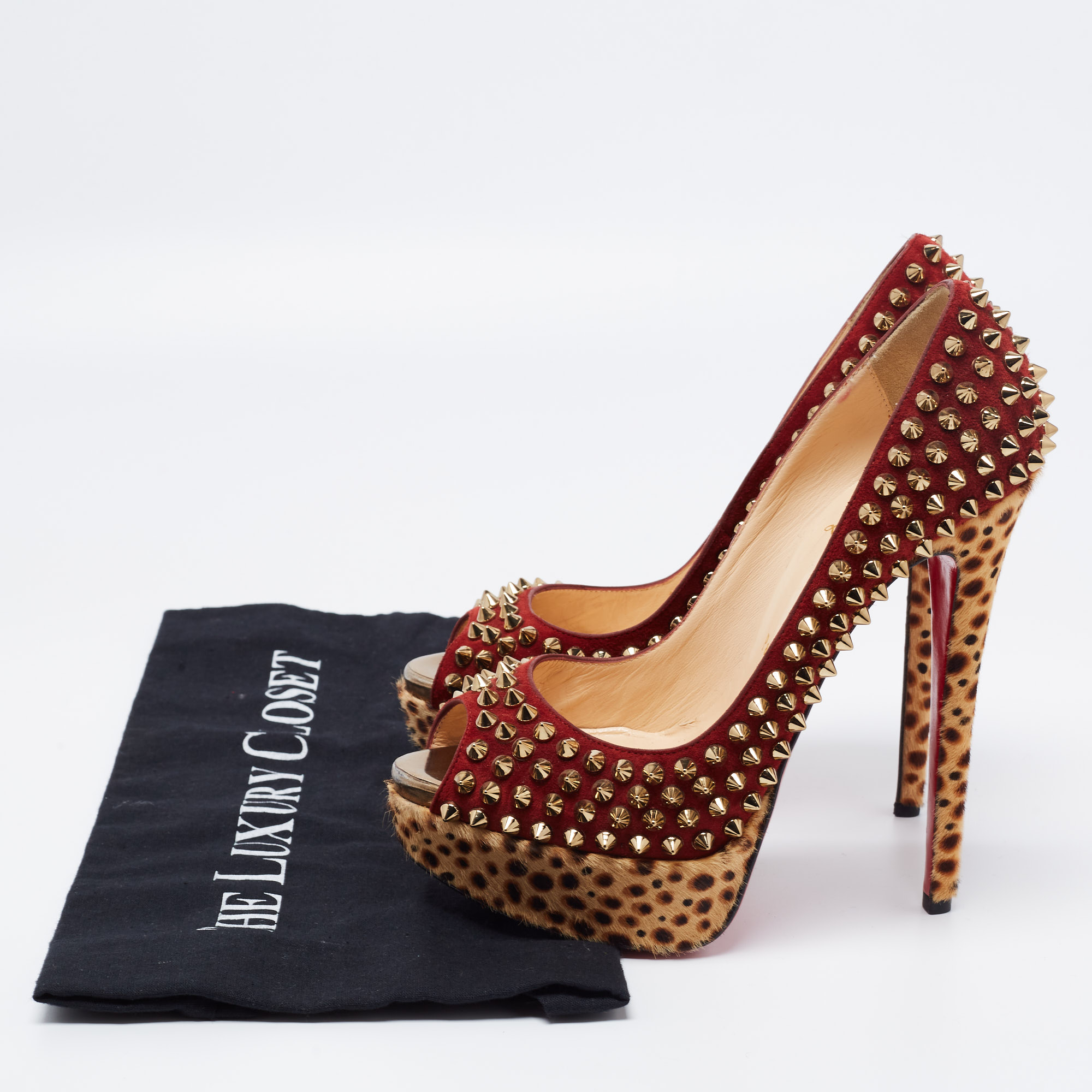 Christian Louboutin Beige/Maroon Leopard Print Calfhair And Suede Lady Peep Spikes Pumps Size 36