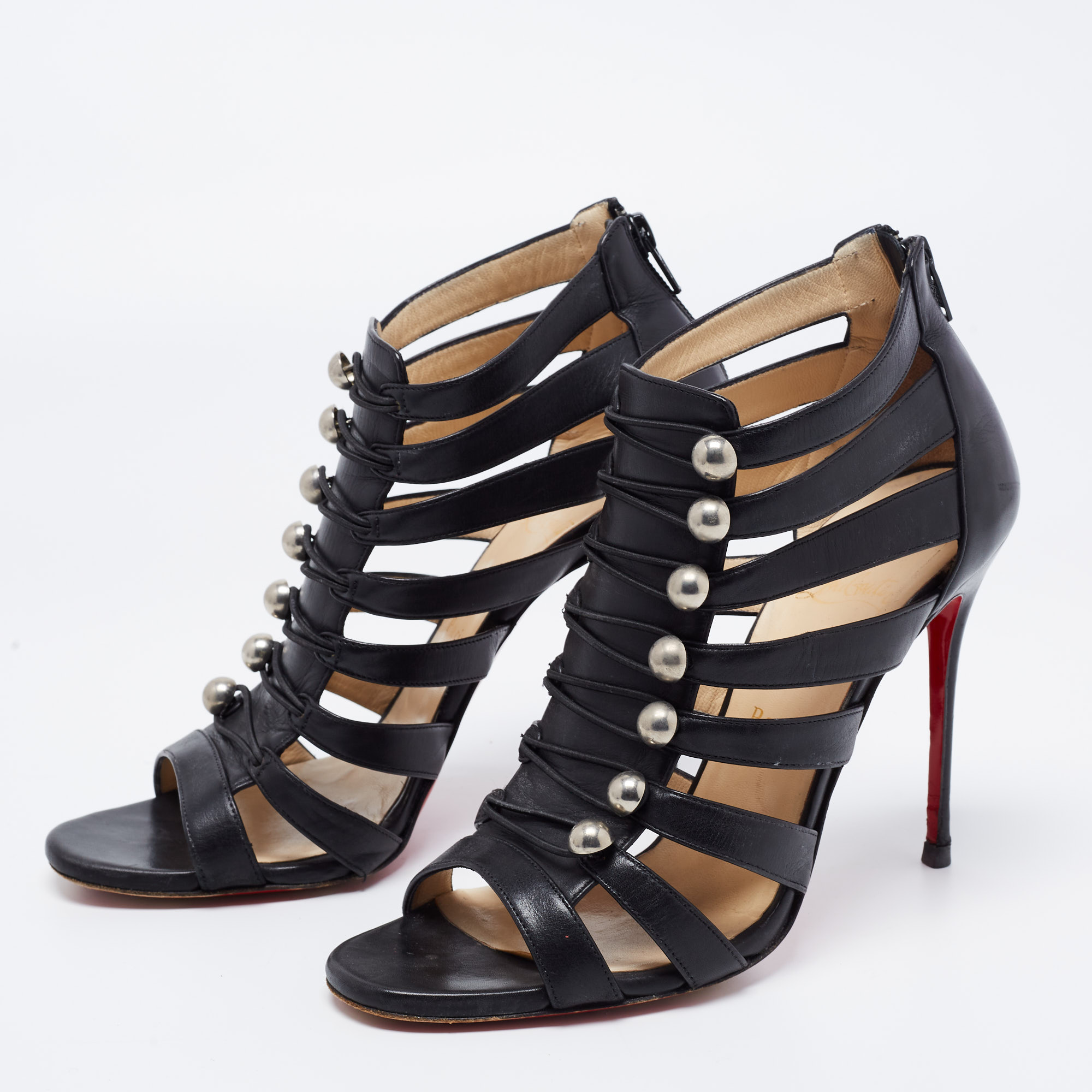 Christian Louboutin Black Leather Denis Caged Sandals Size 39.5