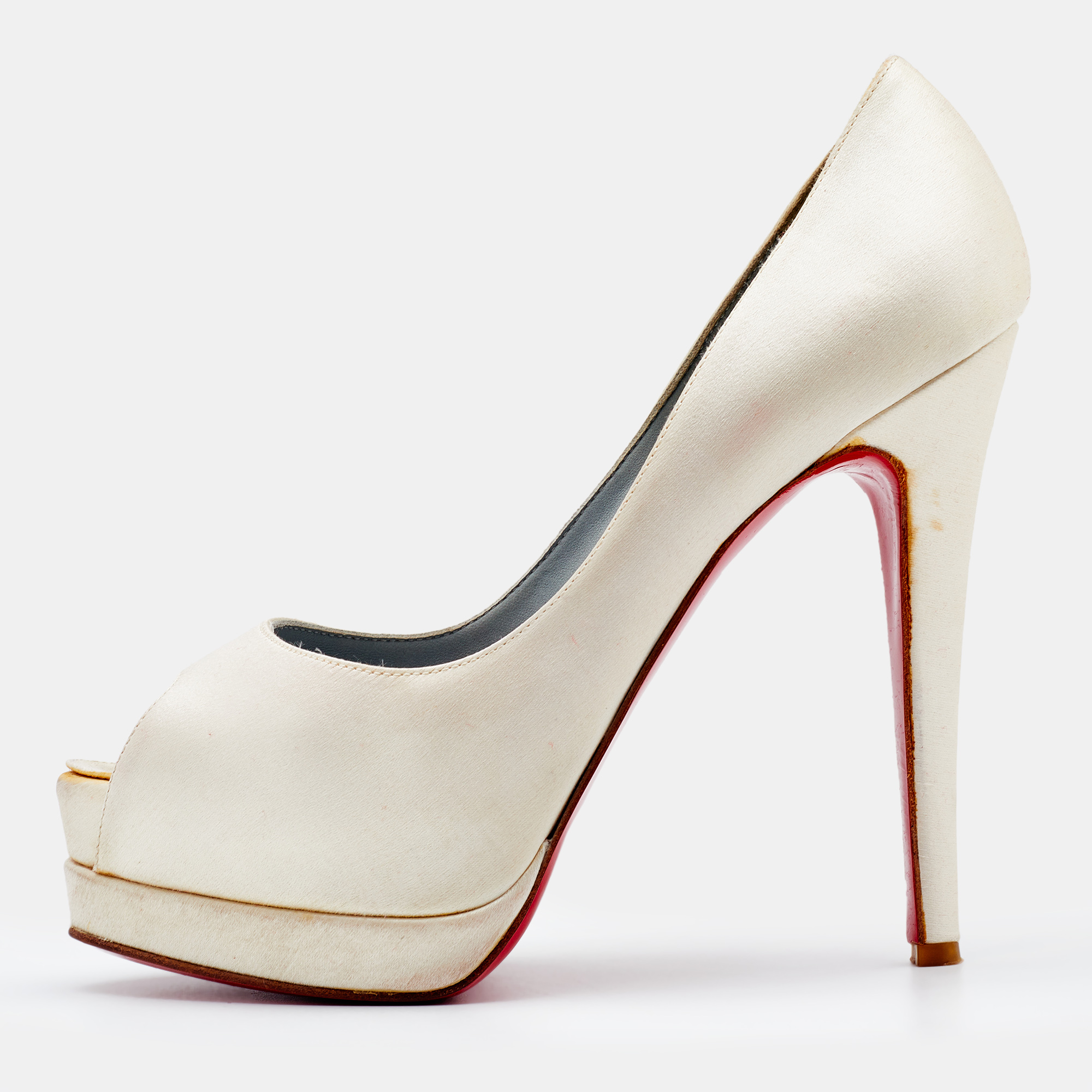 Christian louboutin off-white satin palais royal peep toe platform pumps size 37.5