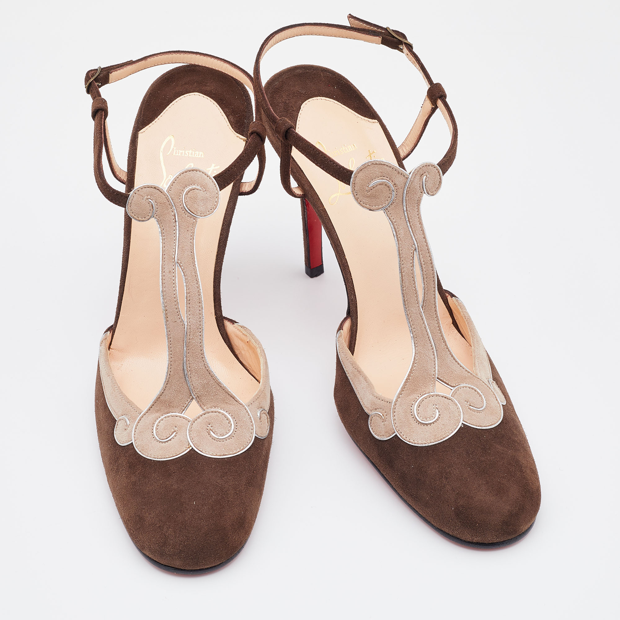 Christian Louboutin Choco Brown/Beige Suede T Strap Ankle Strap Sandals Size 39