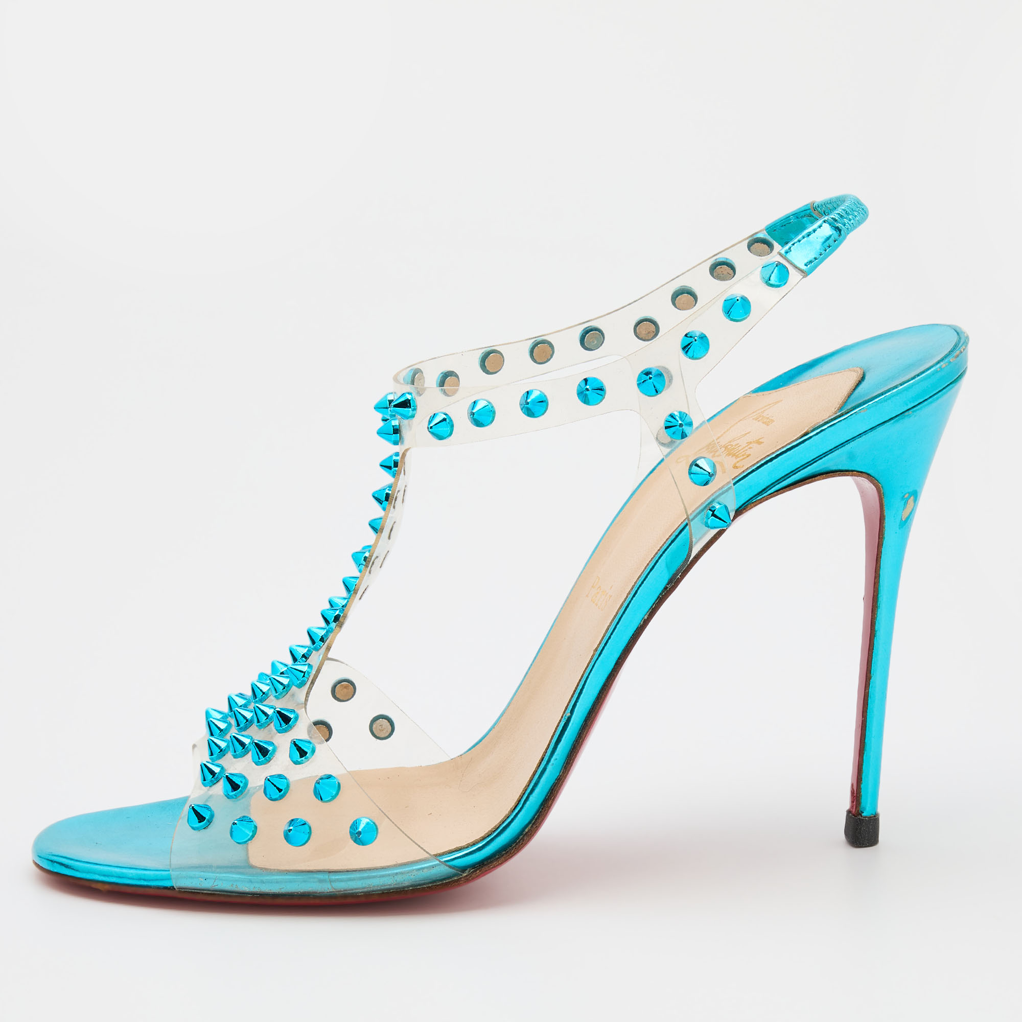 Christian louboutin transparent/turquoise pvc and leather spike j lissimo slingback sandals size 41