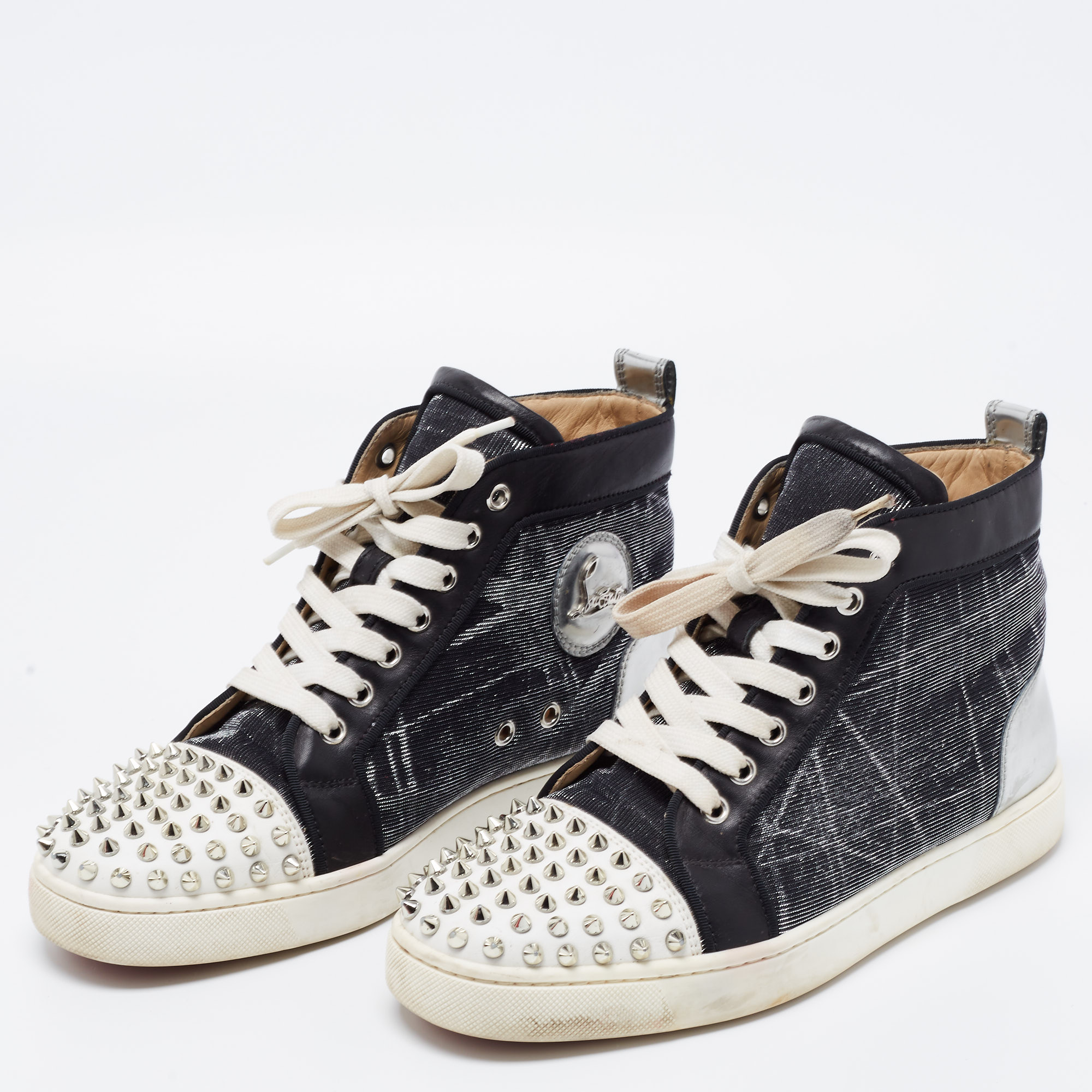 

Christian Louboutin Black/White Fabric and Leather Lou Degra Spikes Studded High Top Sneaker Size