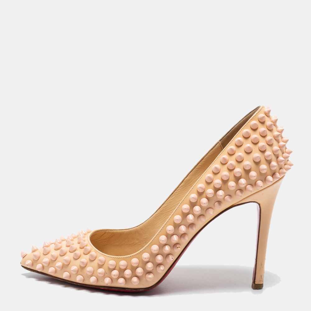 Christian louboutin light peach patent leather pigalle spikes pumps size 36.5
