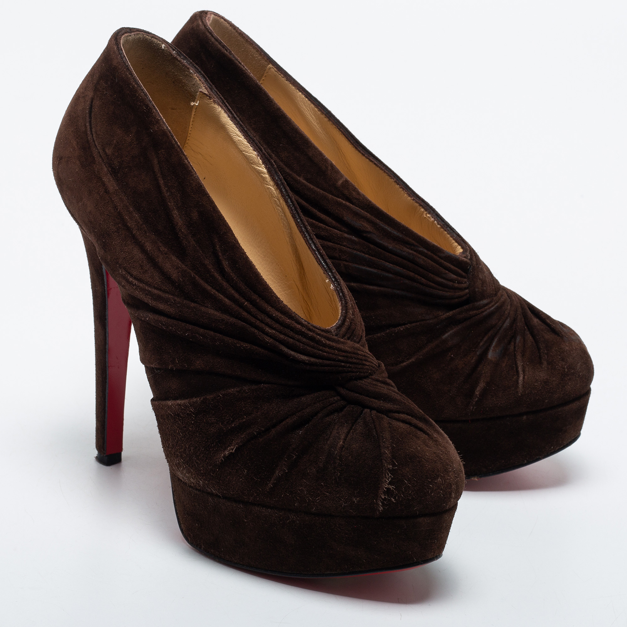 Christian Louboutin Brown Pleated Suede Platform Ankle Booties Size 35.5