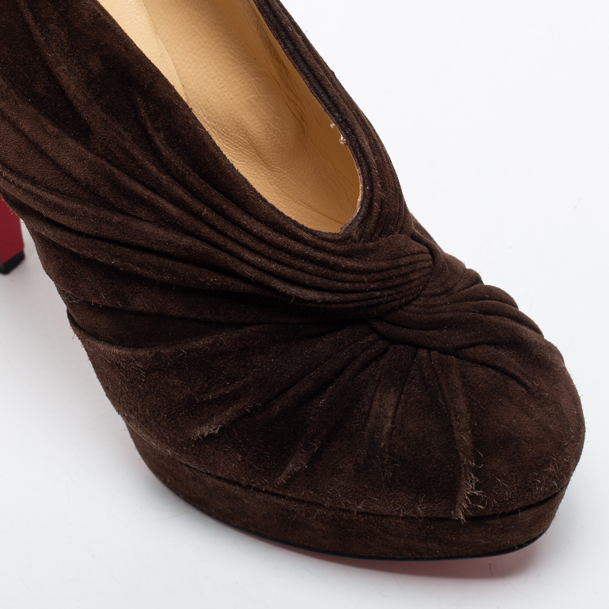 Christian Louboutin Brown Pleated Suede Platform Ankle Booties Size 35.5