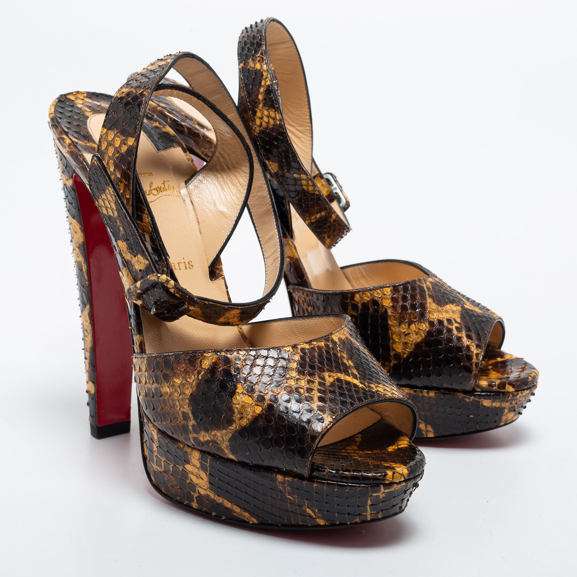 Christian Louboutin Brown/Yellow Python Leather Peep Toe Platform Ankle Strap Sandals Size 39