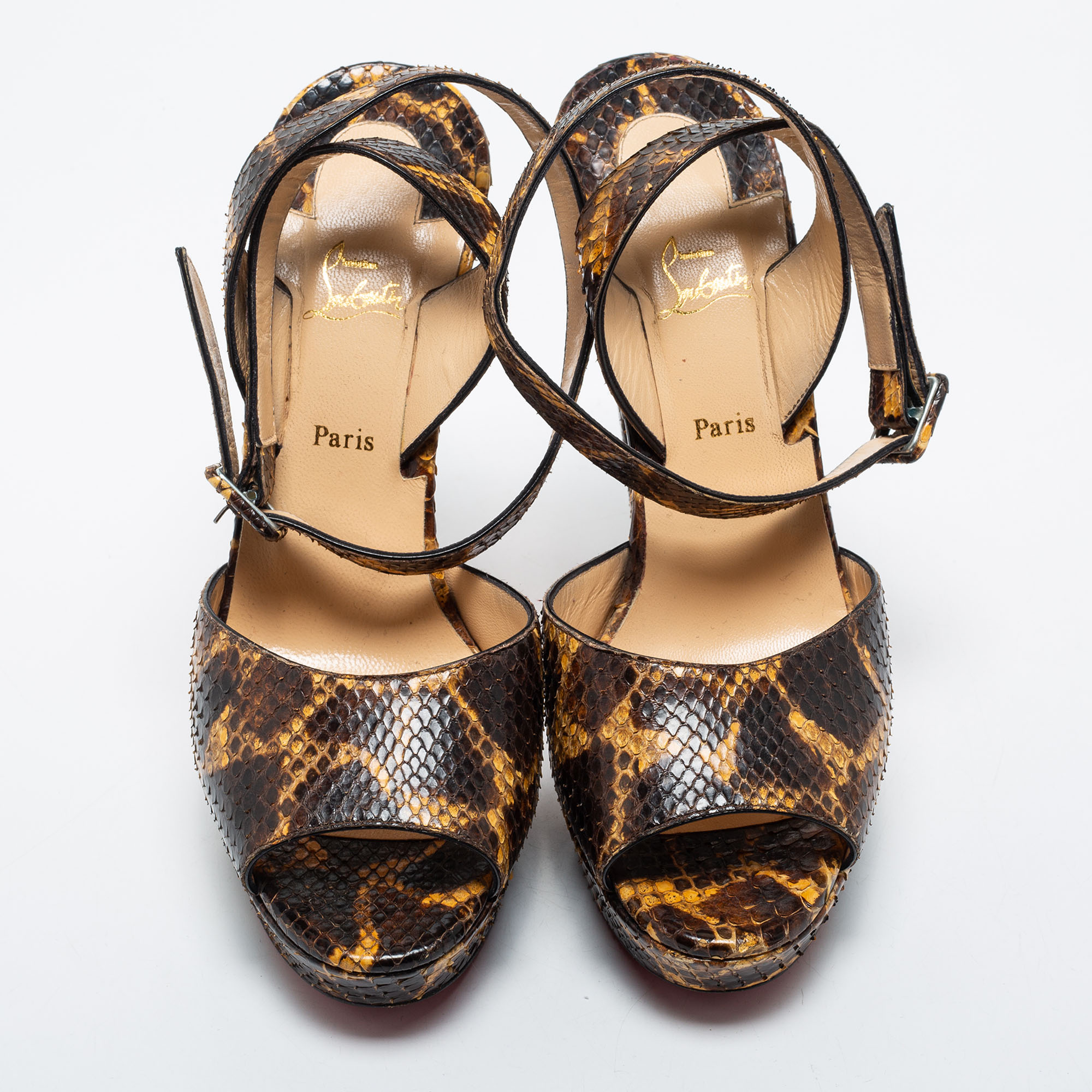 Christian Louboutin Brown/Yellow Python Leather Peep Toe Platform Ankle Strap Sandals Size 39