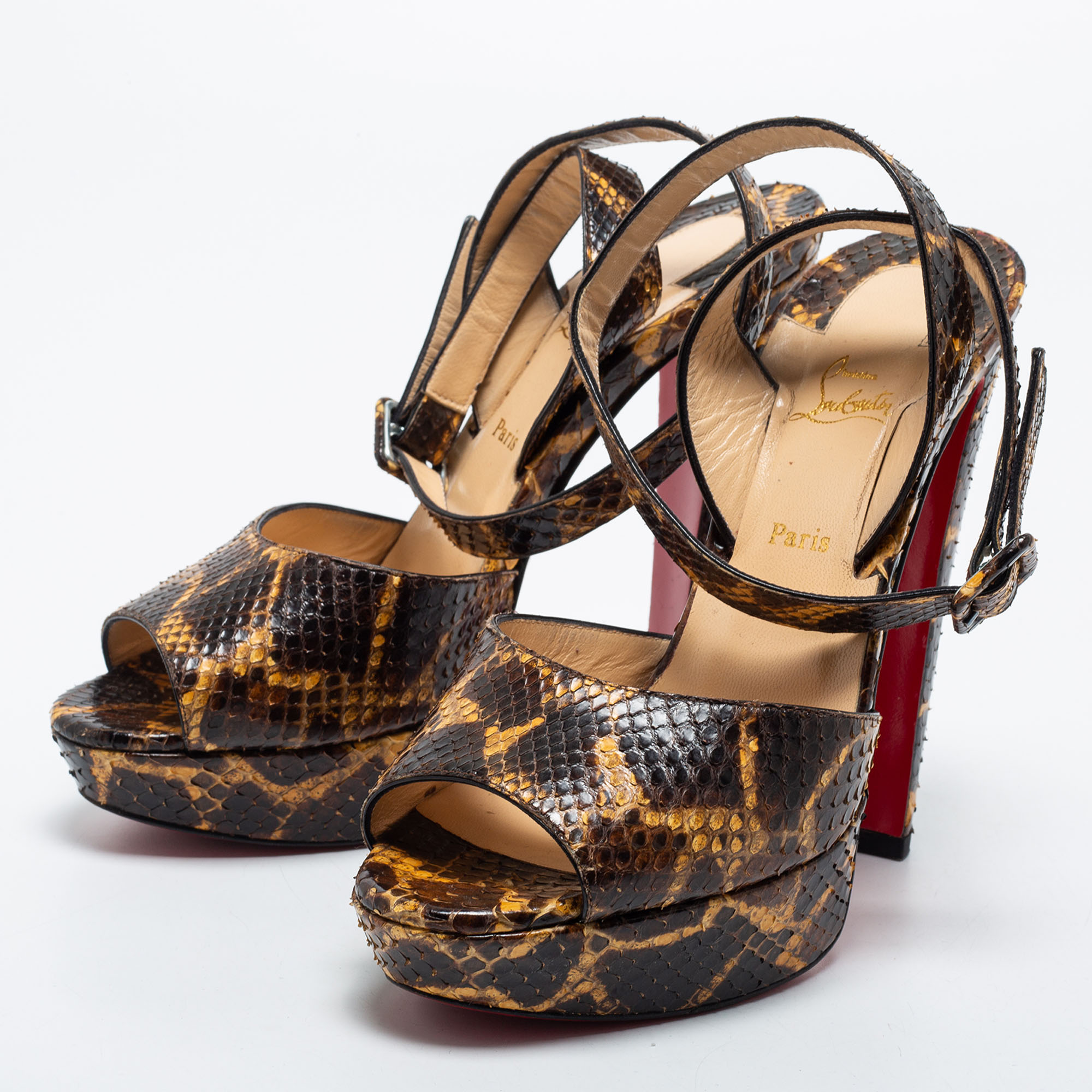 Christian Louboutin Brown/Yellow Python Leather Peep Toe Platform Ankle Strap Sandals Size 39