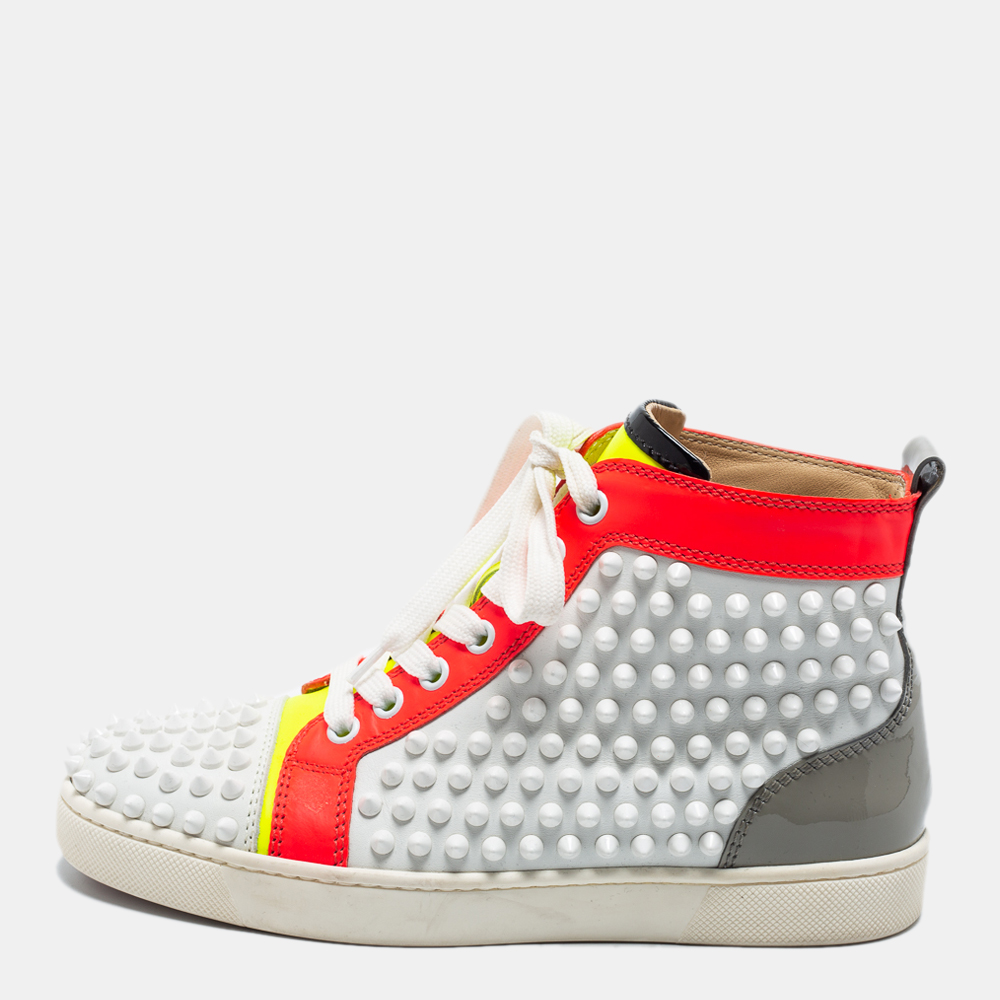 Christian louboutin multicolor patent and leather louis spikes high top sneakers size 36