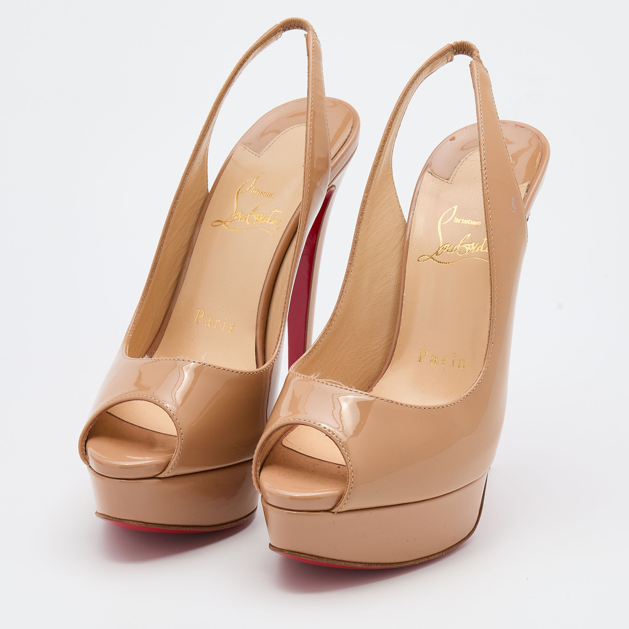 Christian Louboutin Beige Patent Leather Lady Peep Toe Platform Slingback Pumps Size
Christian Louboutin Beige Patent Leather Lady Peep Toe Platform Slingback Pumps Size