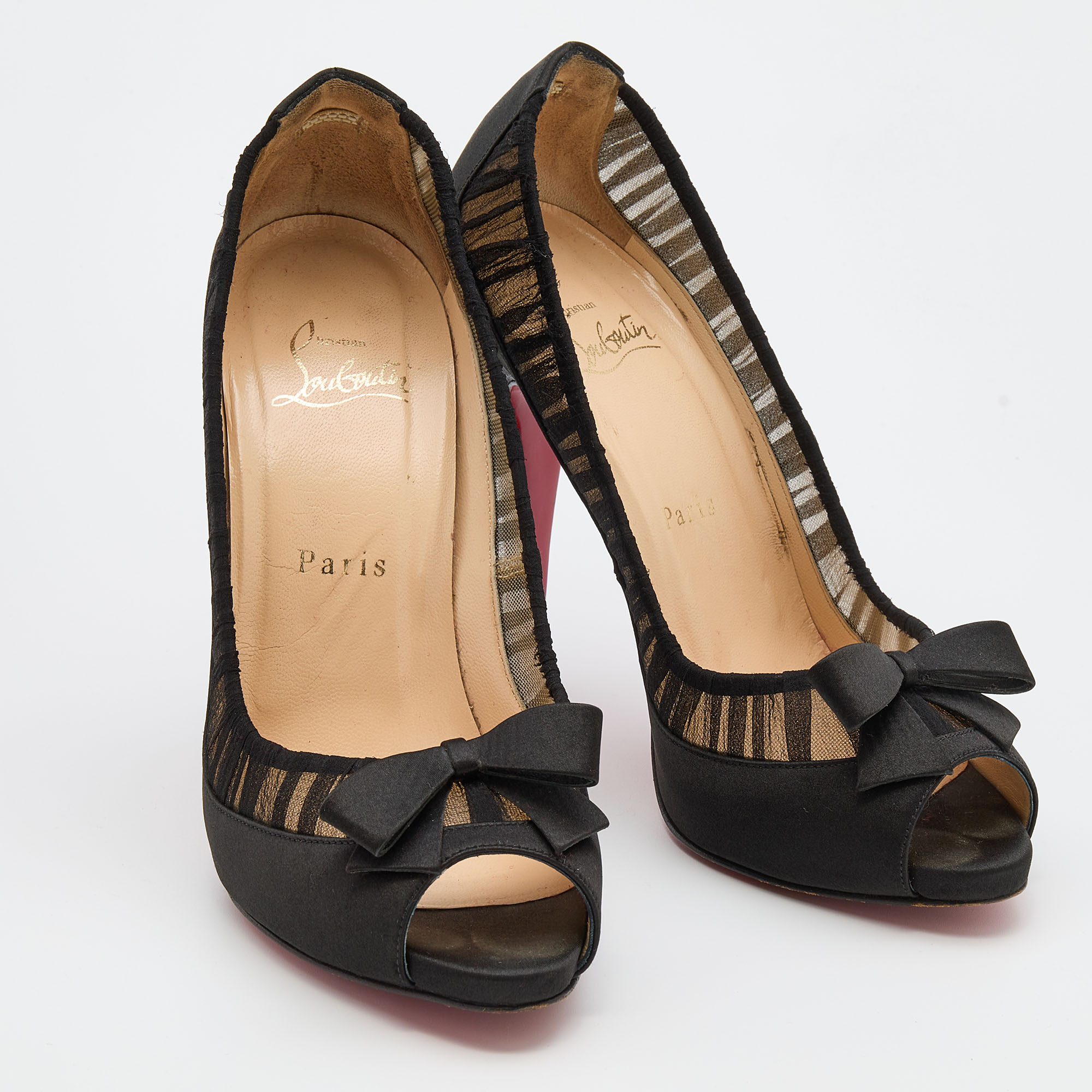 Christian Louboutin Black Satin And Fabric Angelique Bow Peep Toe Pumps Size 36.5