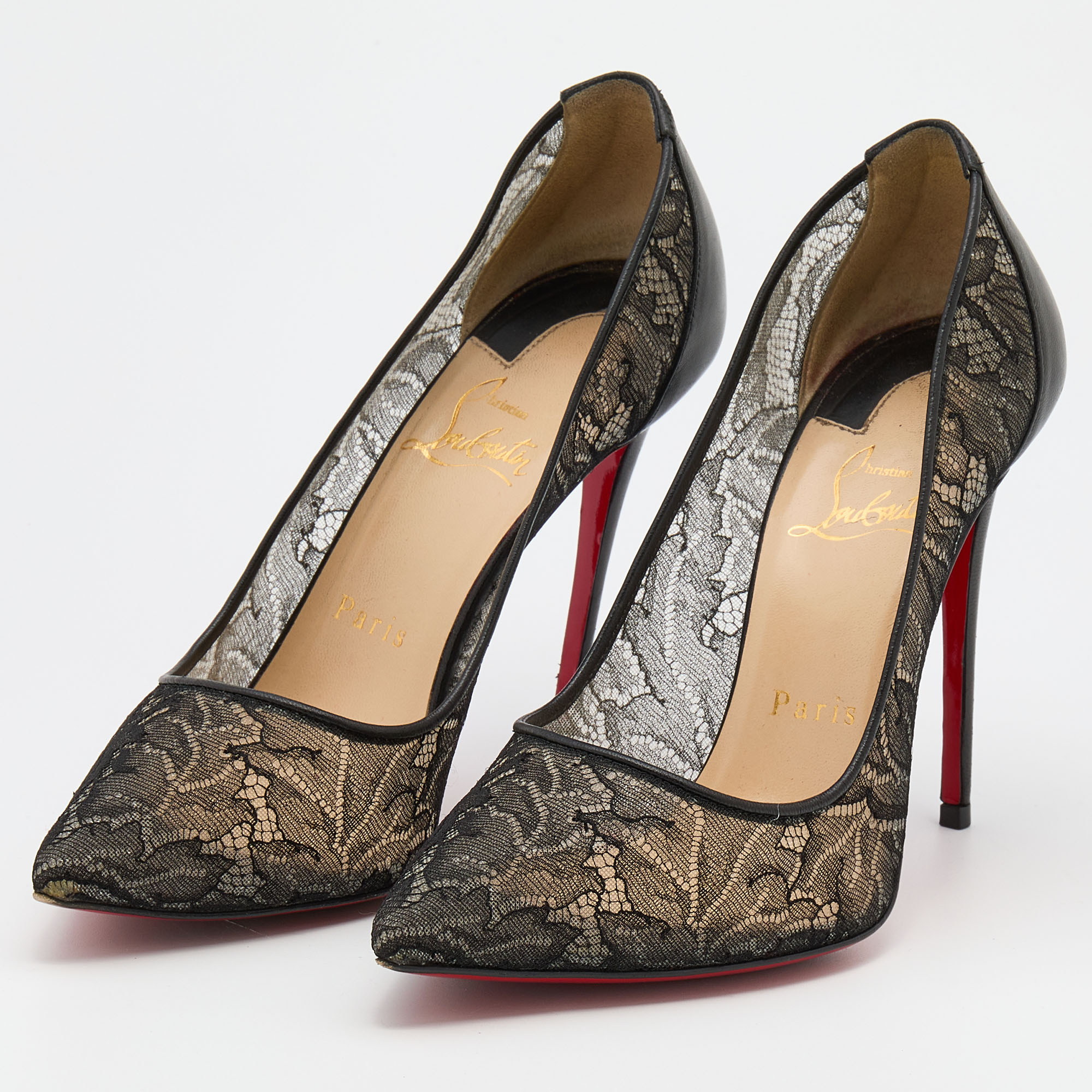Christian Louboutin Black Lace and Leather Follies Pointed Toe Pumps Size
Christian Louboutin Black Lace and Leather Follies Pointed Toe Pumps Size