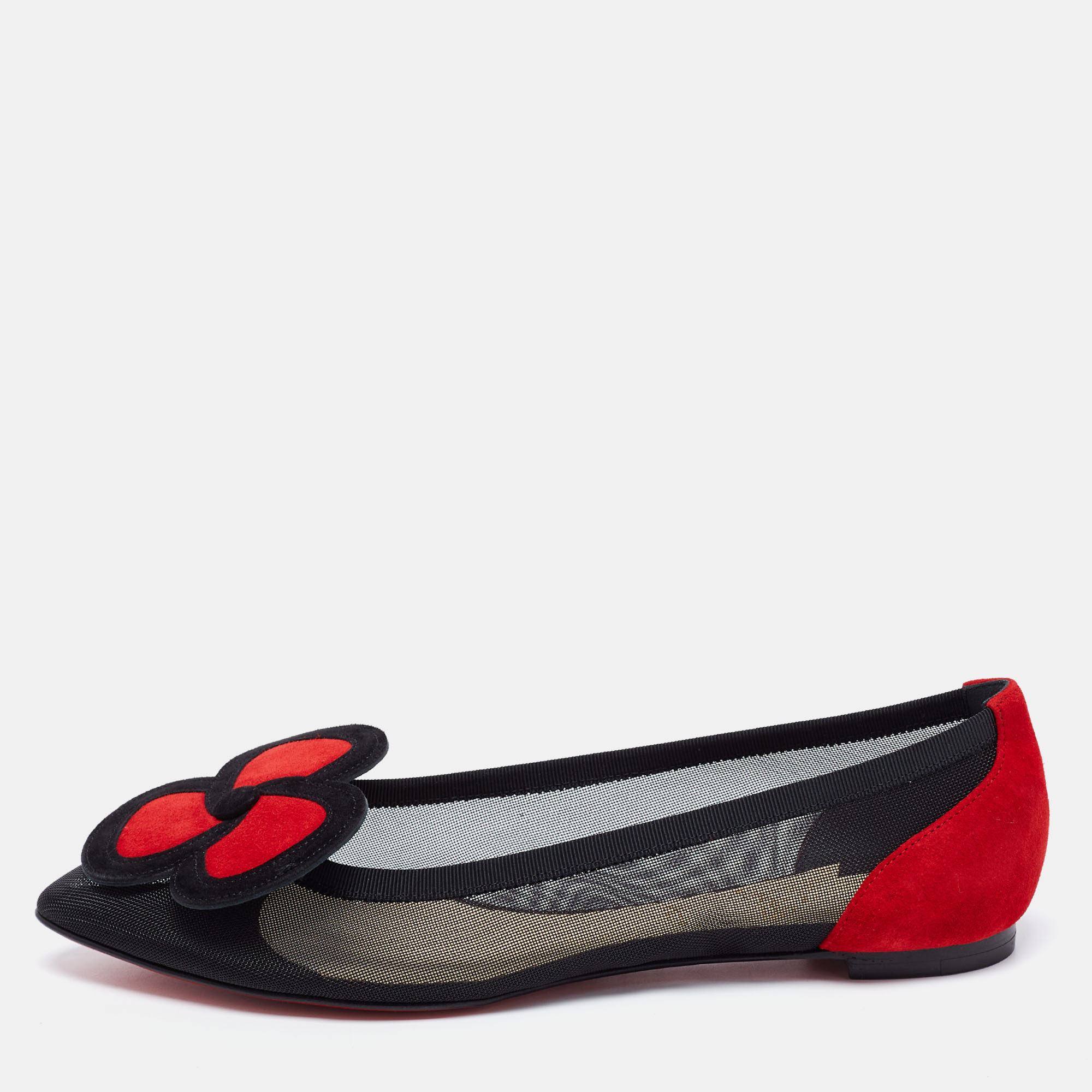 Christian Louboutin Black/Red Mesh and Suede Pansy Town Ballet Flats Size 37