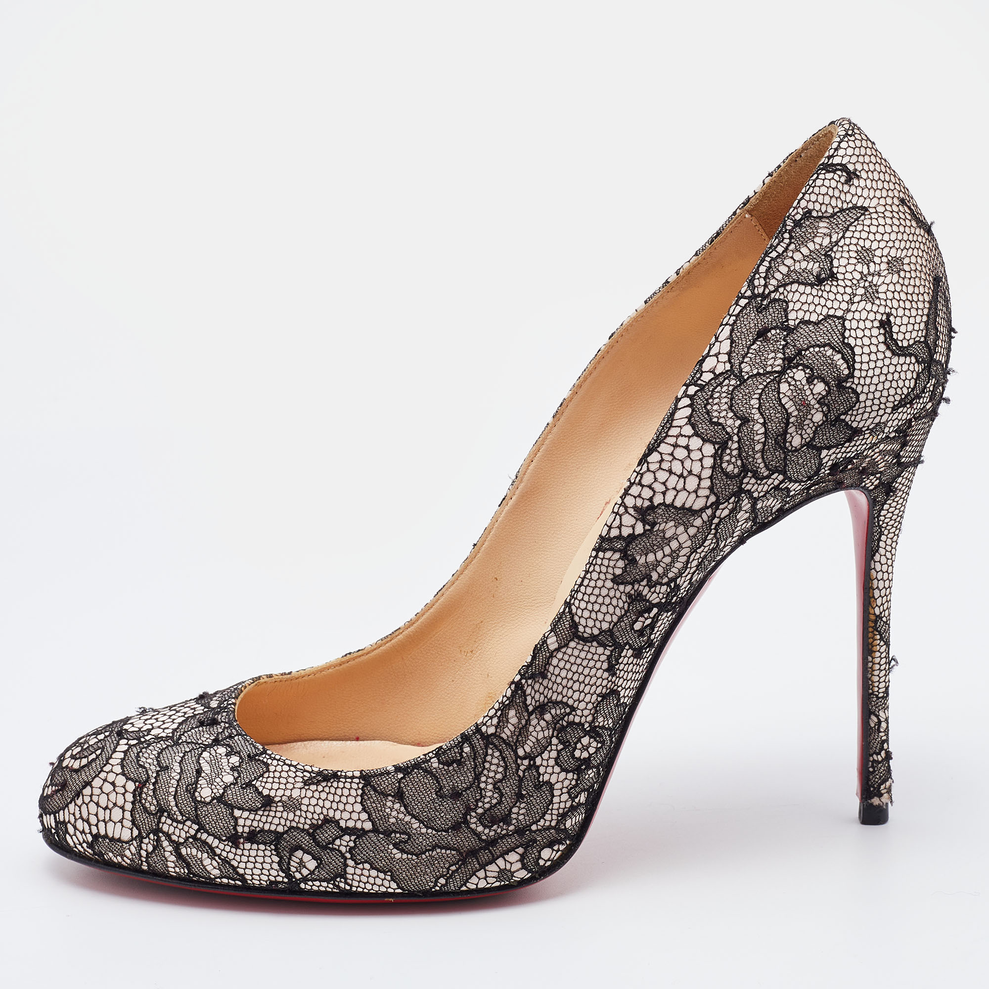 Christian louboutin black/beige lace and satin fifi round toe pumps size 39