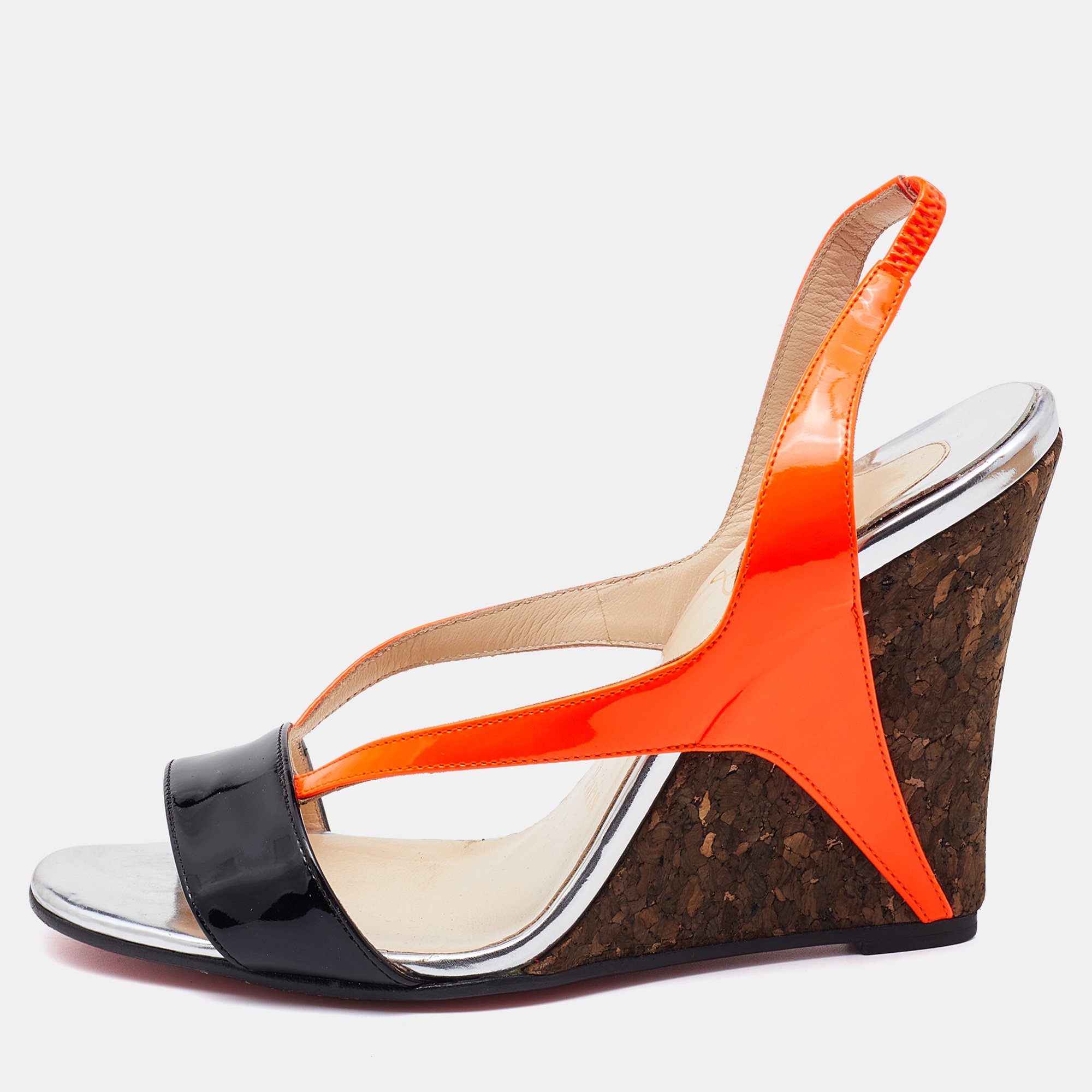 Christian louboutin orange/black patent leather yasmine slingback wedge sandals size 37