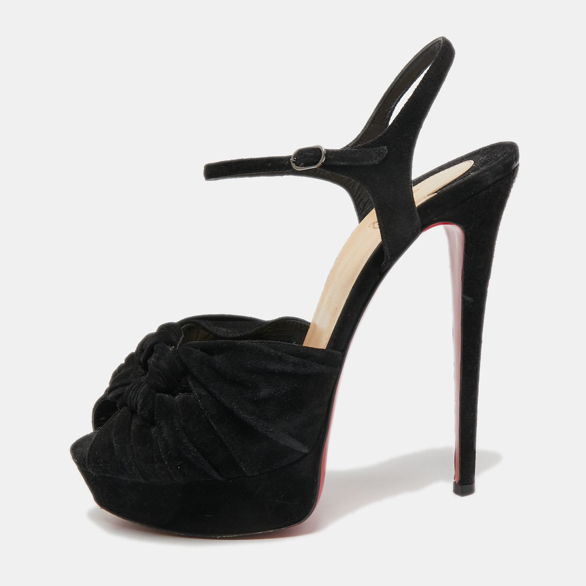 Christian Louboutin Black Knotted Suede Loescadiva Ankle Strap Sandals Size 39.5